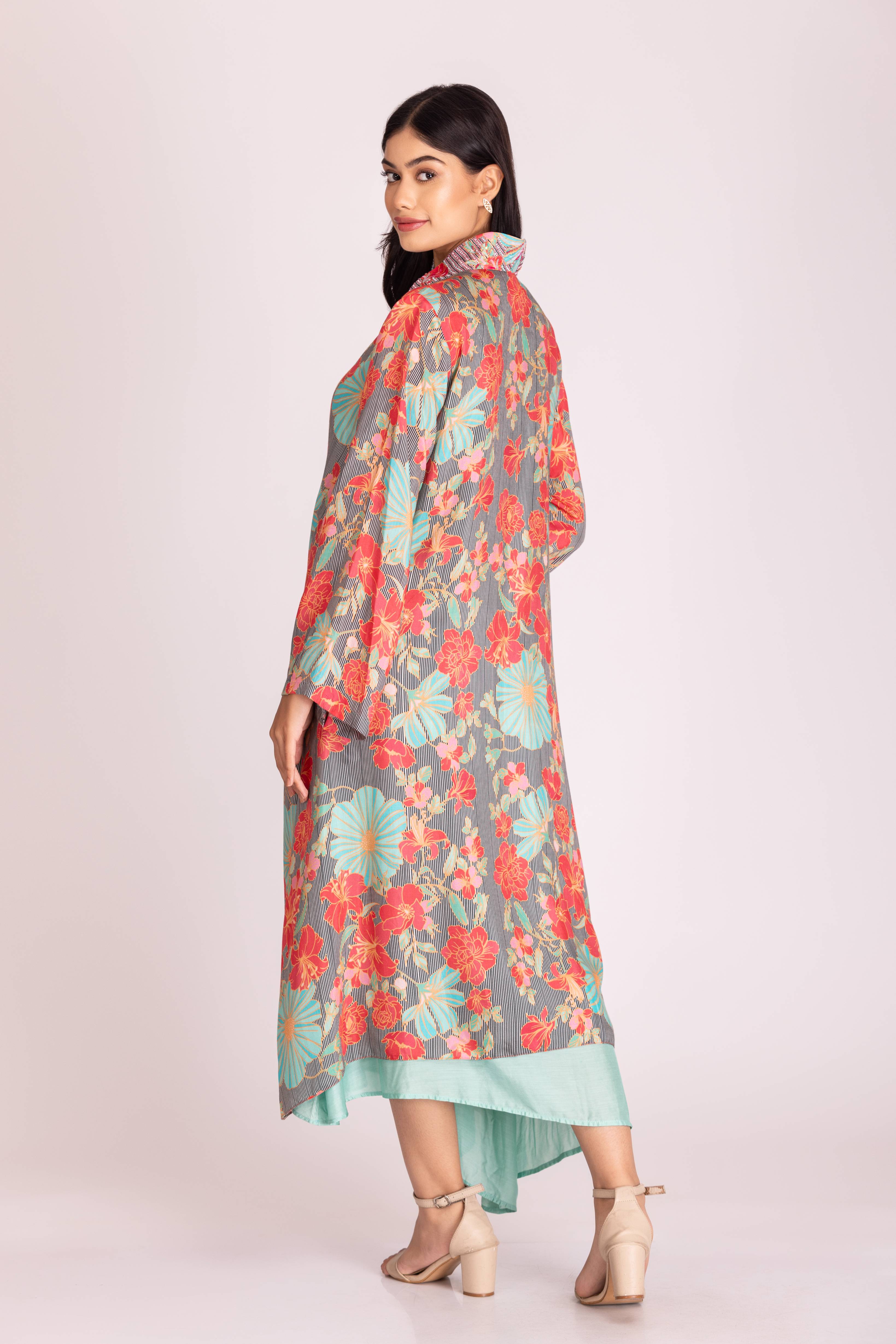 Assymetrical Jacket Shawl Collar Style  with Seagreen Embroidered Dress