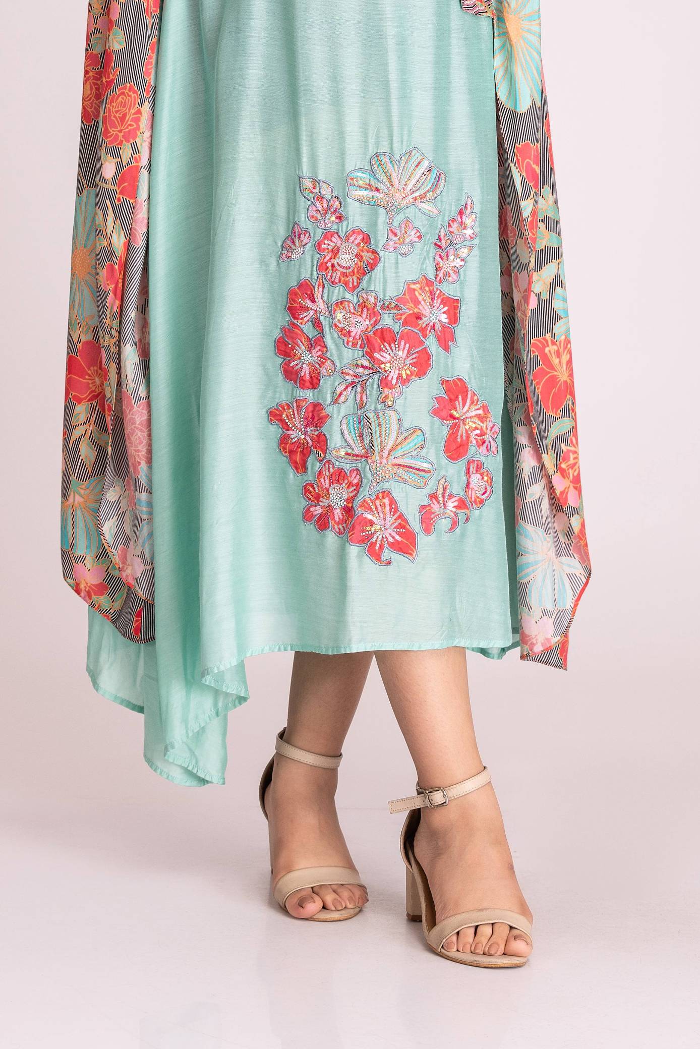 Assymetrical Jacket Shawl Collar Style  with Seagreen Embroidered Dress