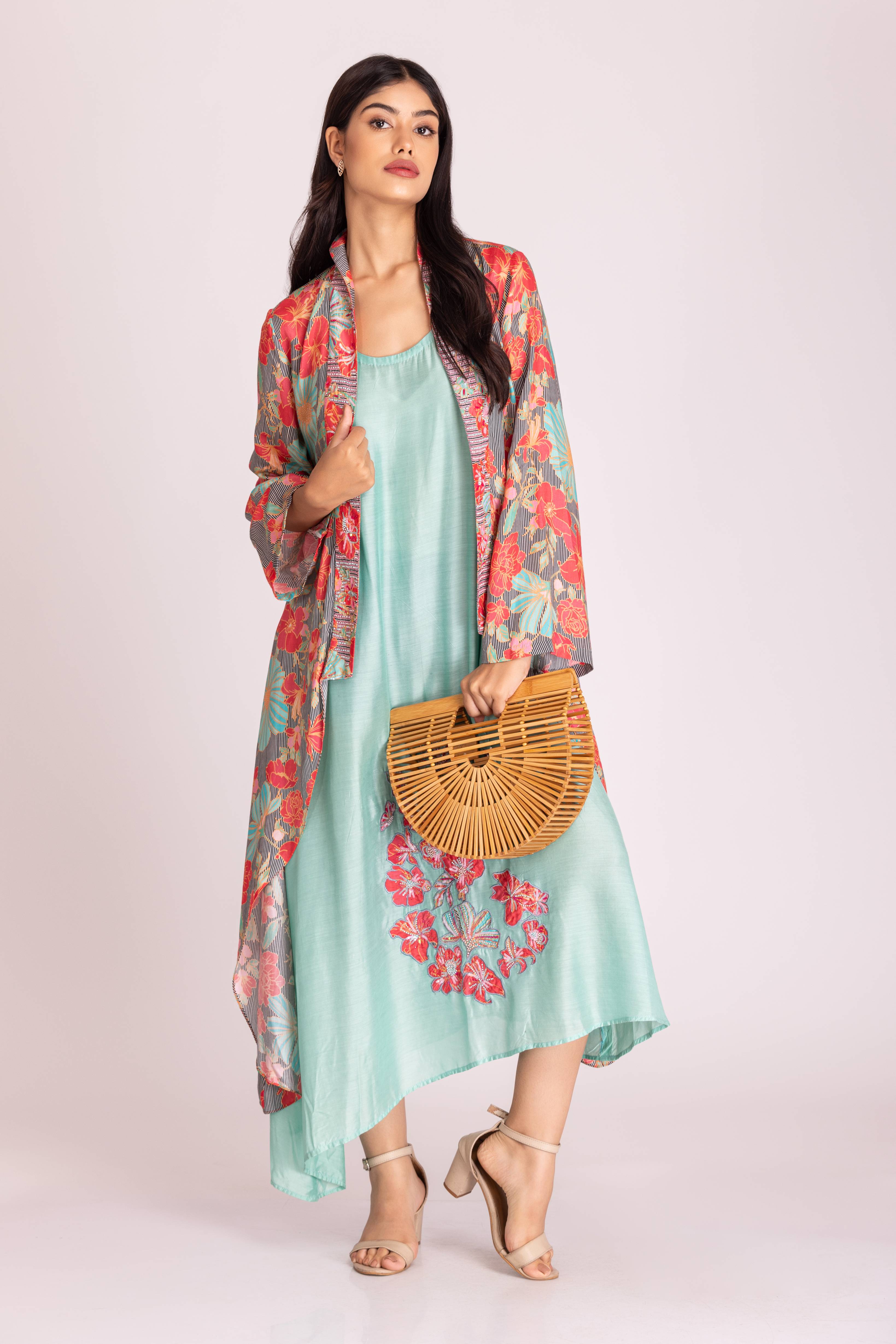 Assymetrical Jacket Shawl Collar Style  with Seagreen Embroidered Dress