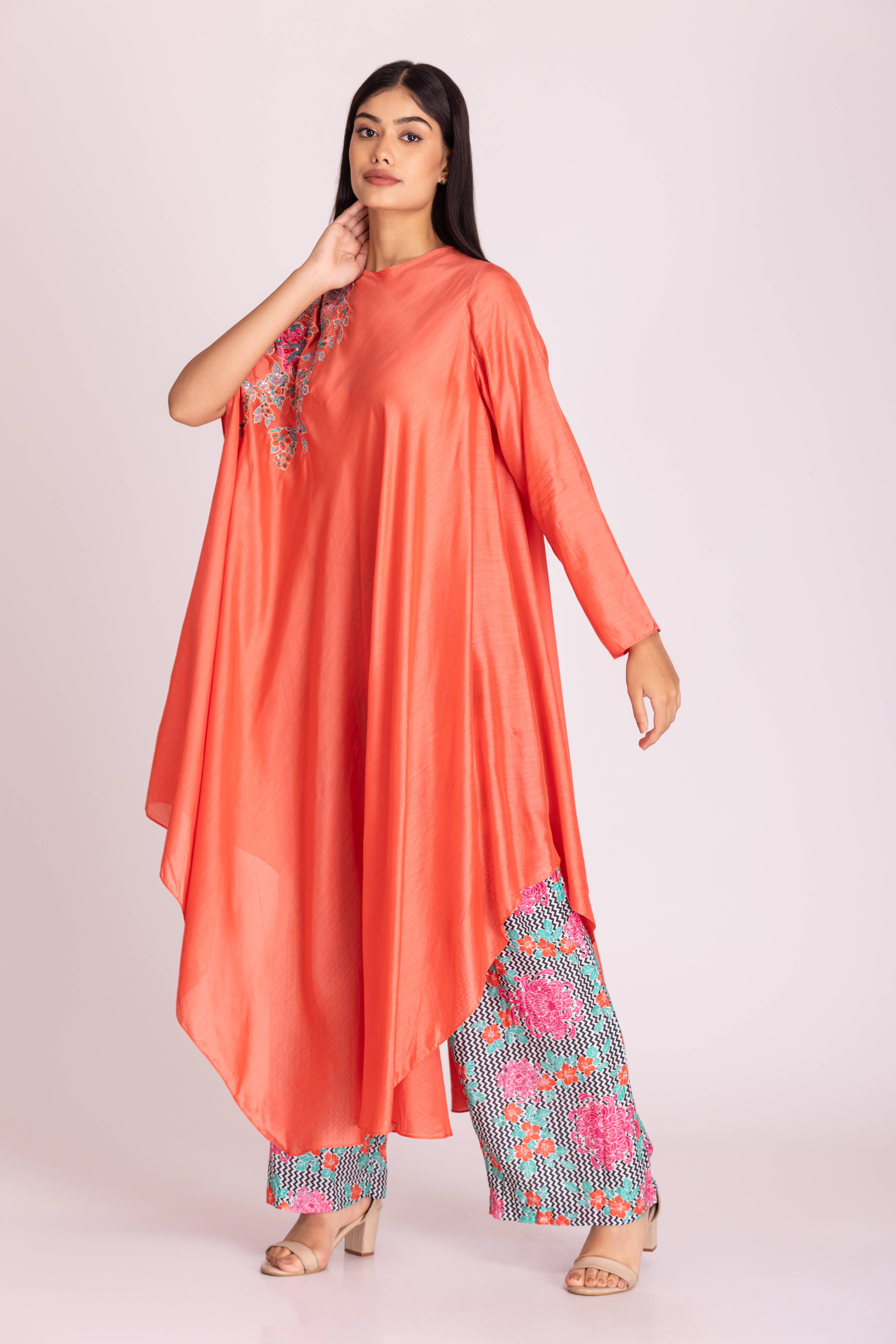 Assymetrical Kaftaan Top with Printed Palazzo Pants