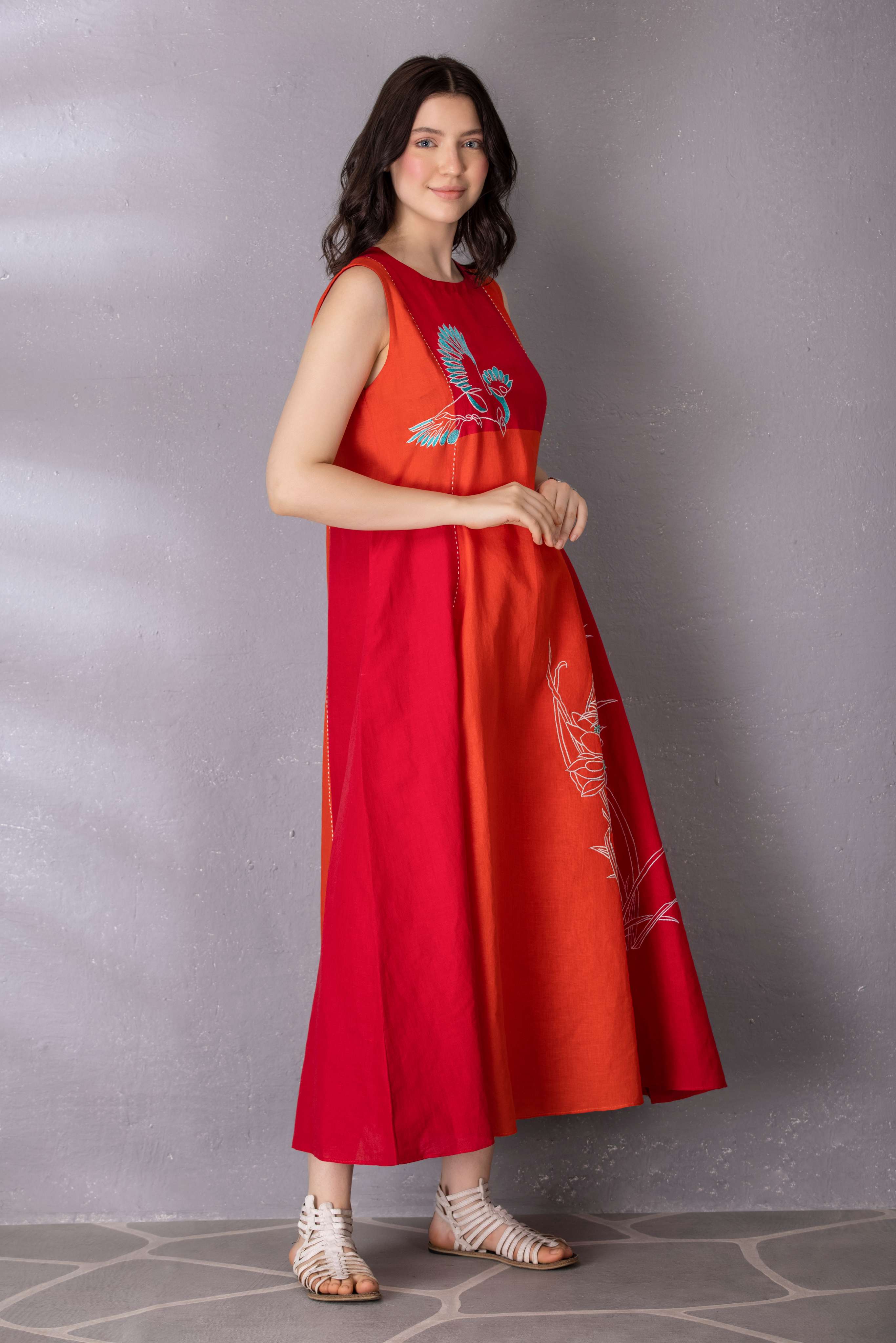 Cherry Red & Burnt Orange Cotton Linen Dress