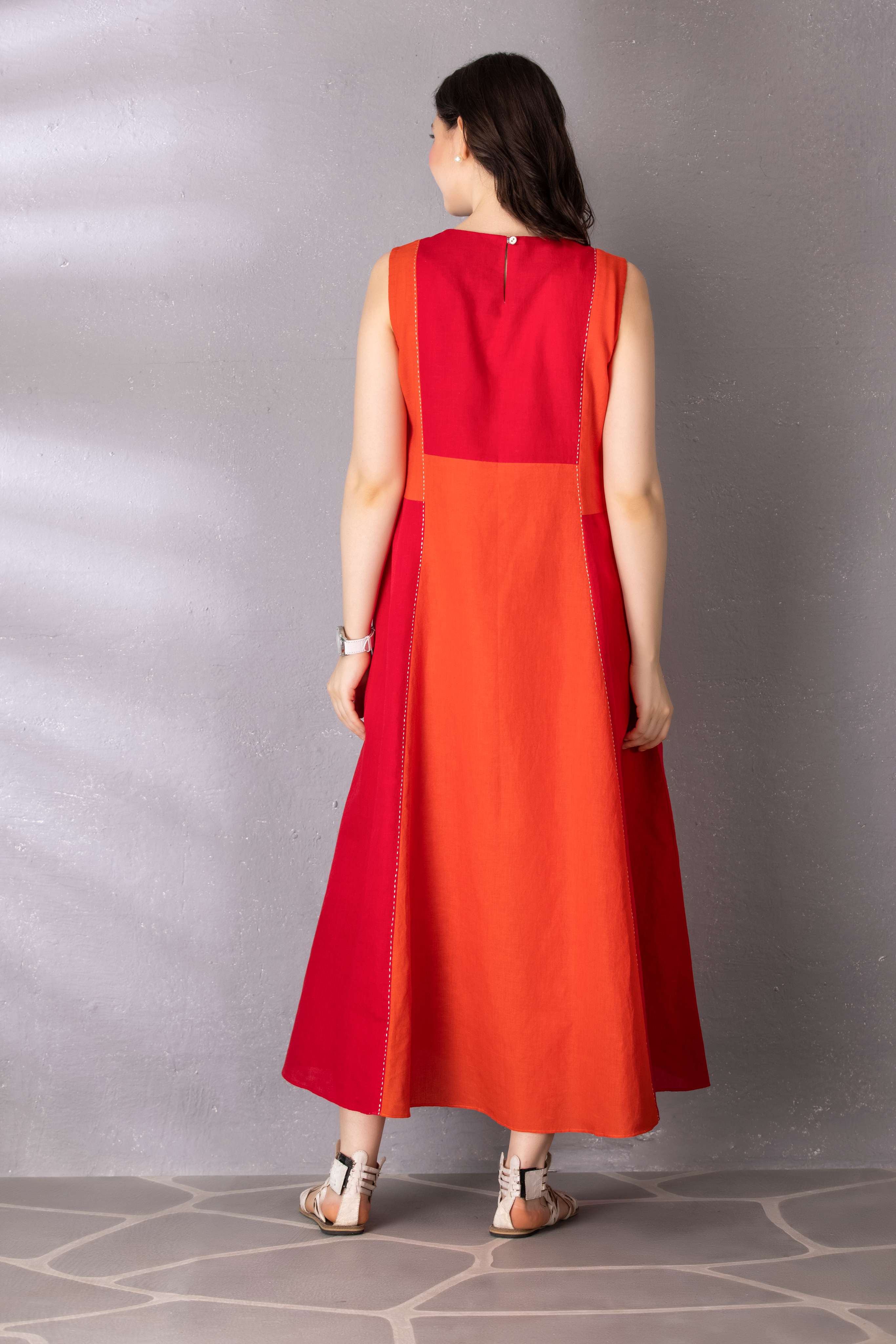 Cherry Red & Burnt Orange Cotton Linen Dress