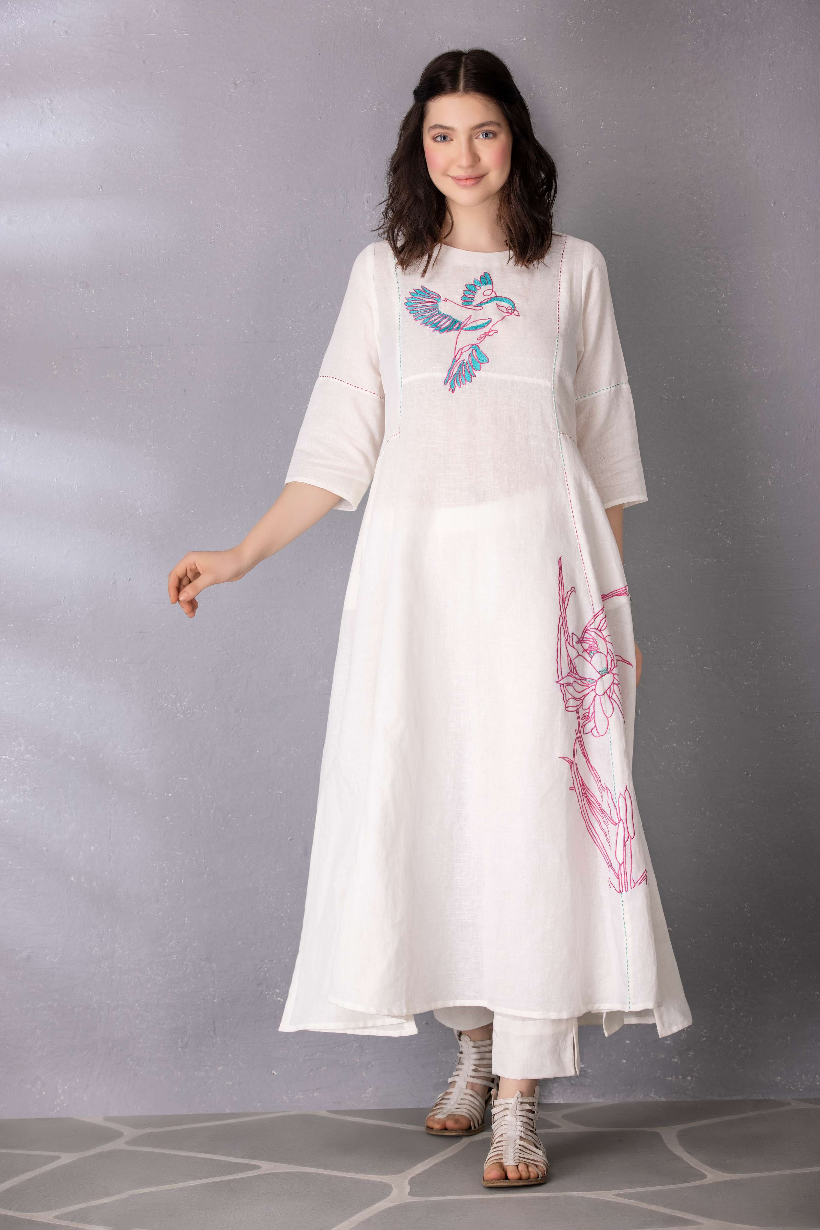 White Cotton Linen Abstract Embroidered Tunic with Pant Set