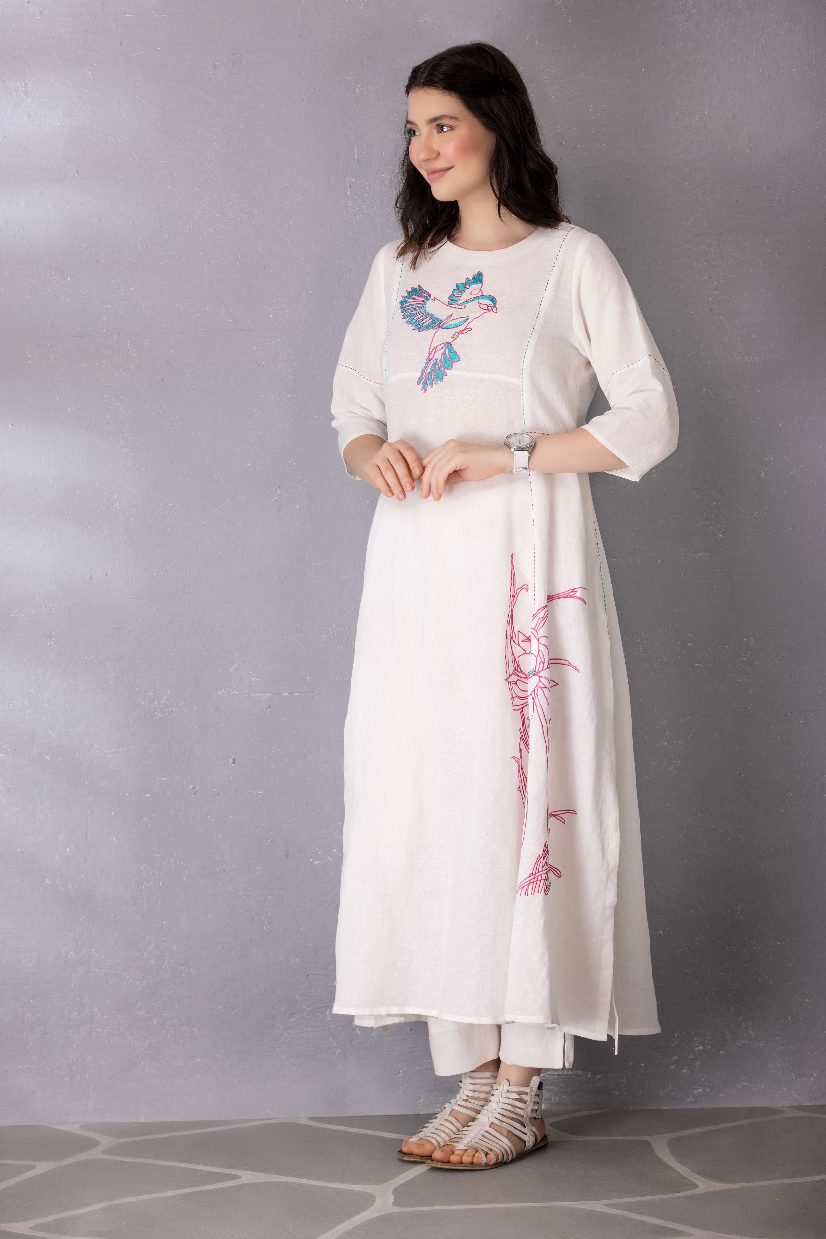 White Cotton Linen Abstract Embroidered Tunic with Pant Set