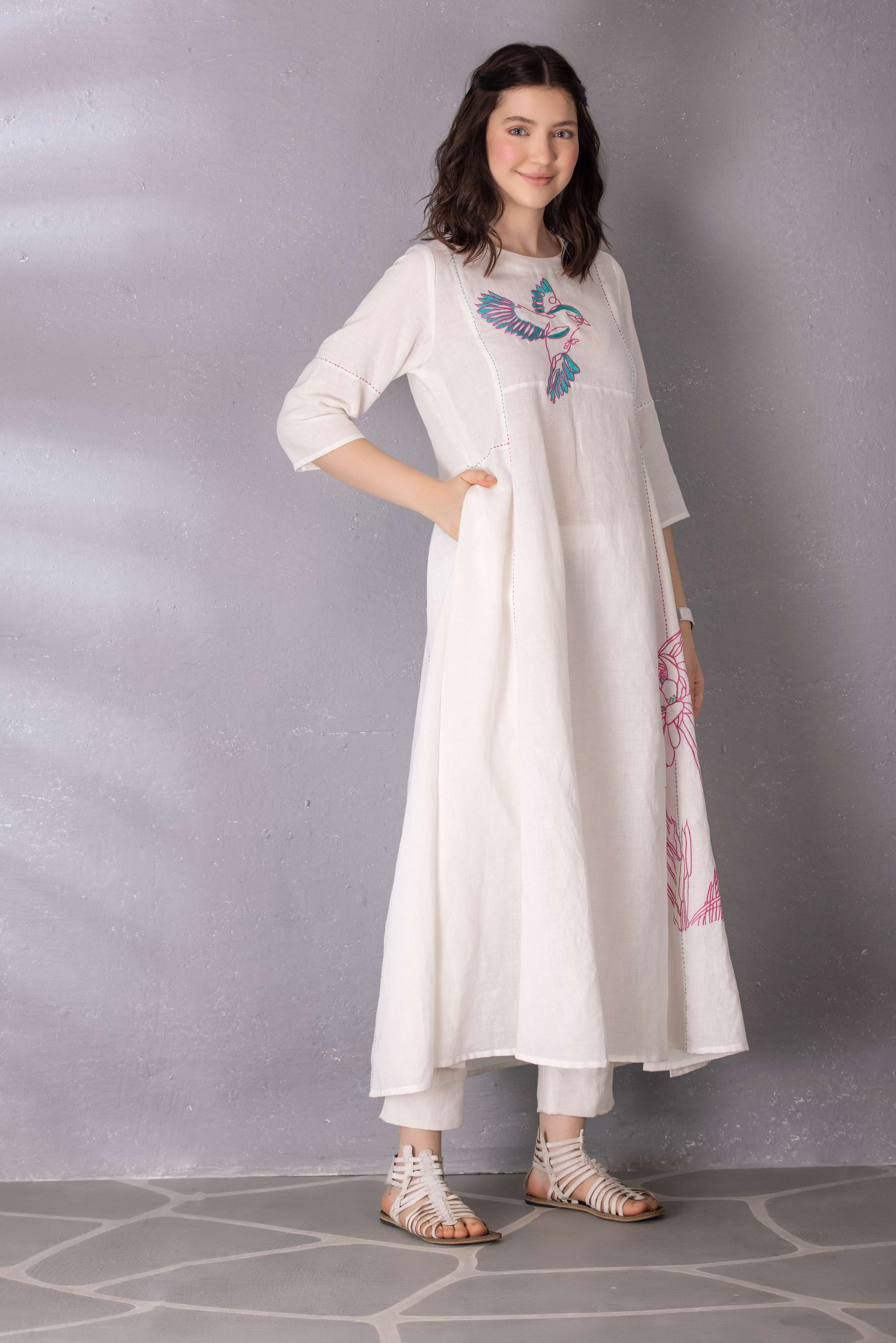 White Cotton Linen Abstract Embroidered Tunic with Pant Set