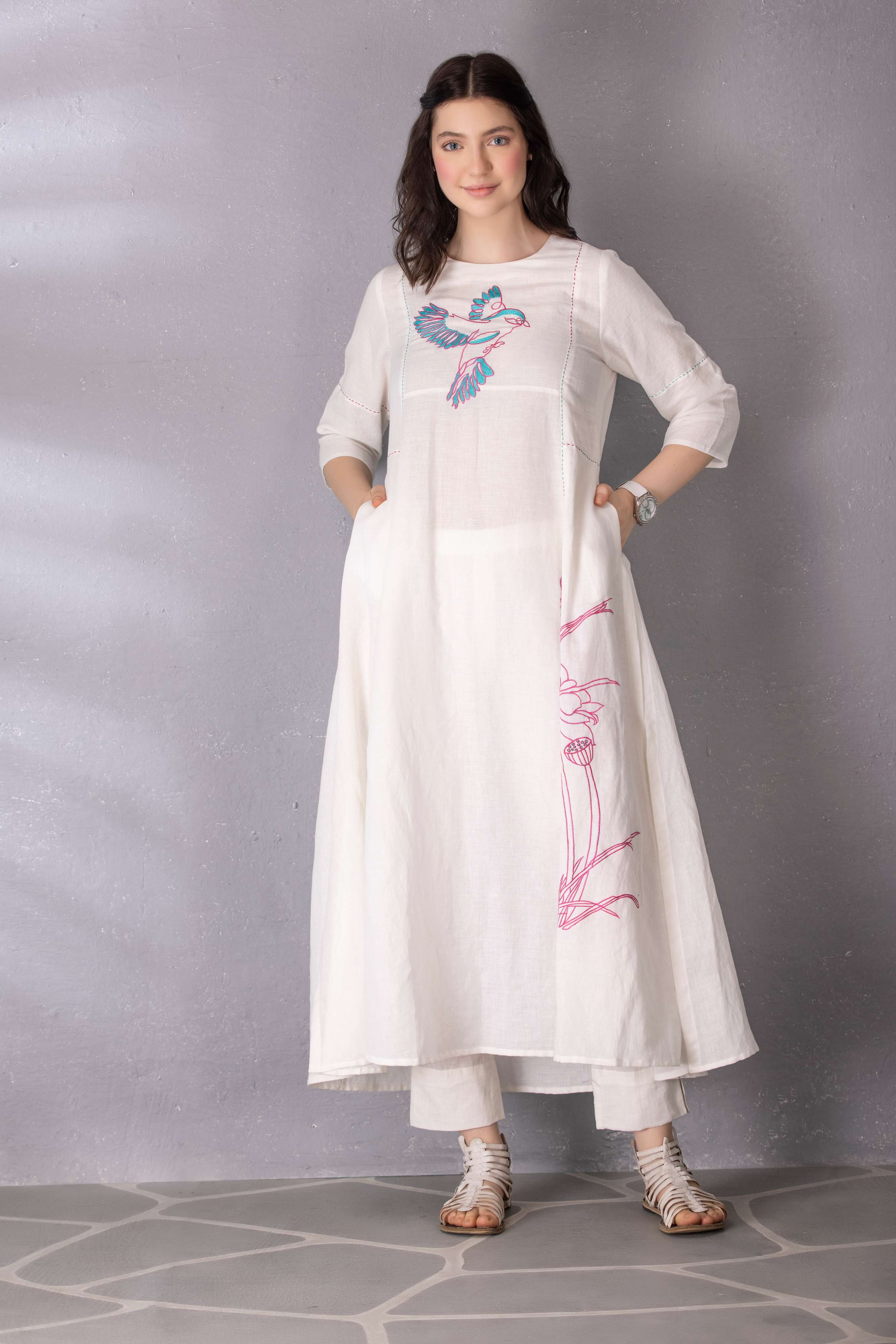 White Cotton Linen Abstract Embroidered Tunic with Pant Set