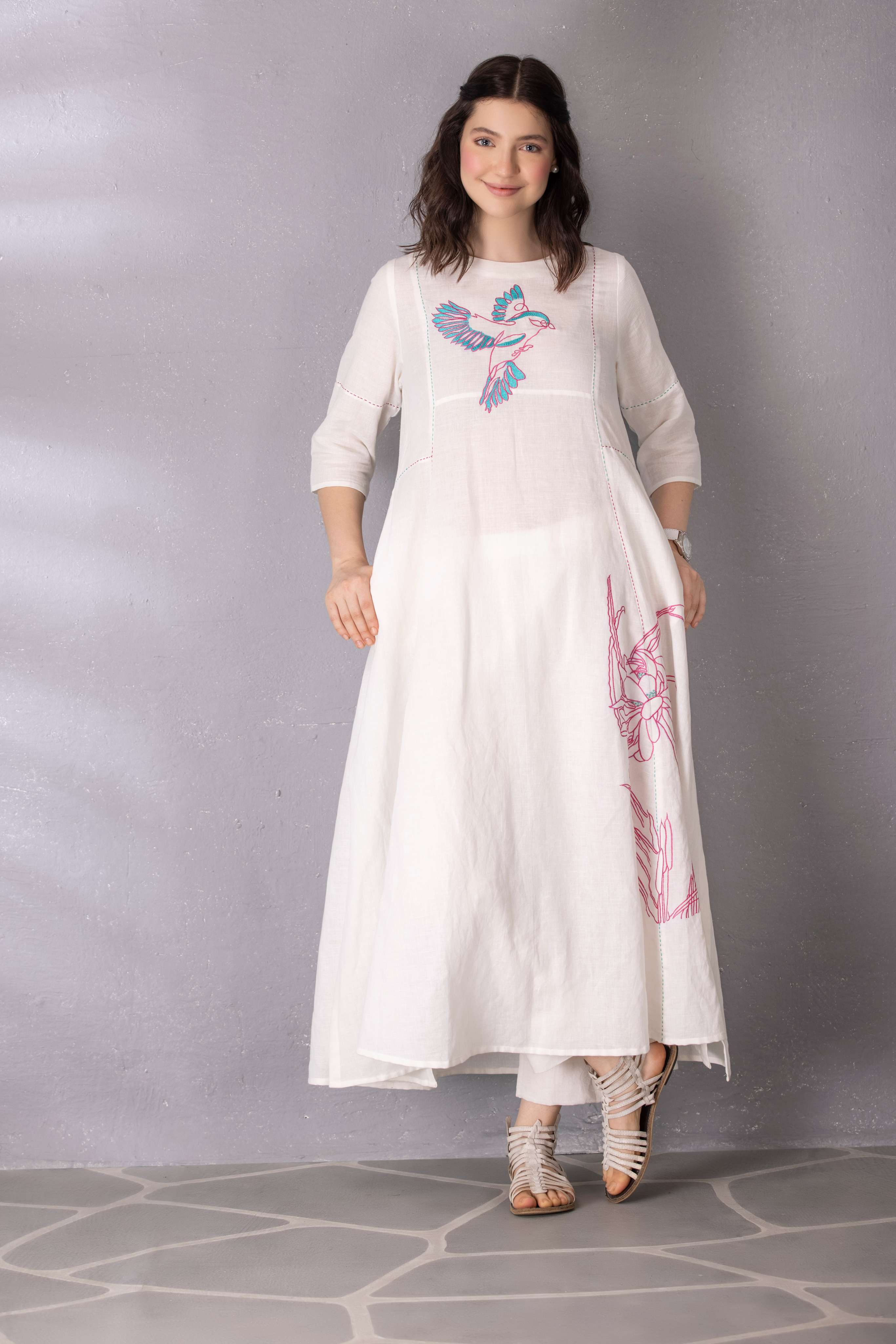 White Cotton Linen Abstract Embroidered Tunic with Pant Set