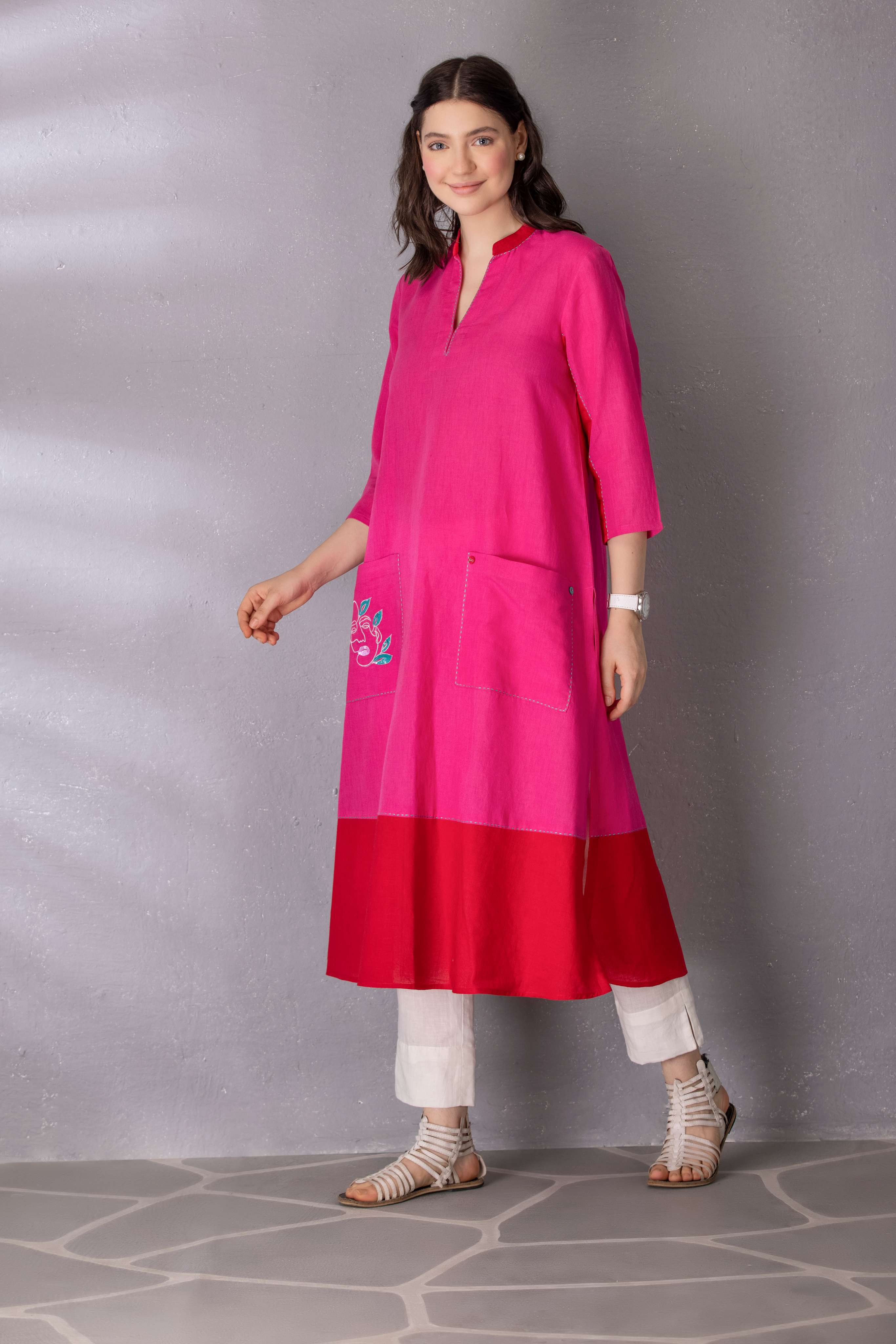 Bubblegum Pink Cotton Linen A-Line Tunic & Pant Set