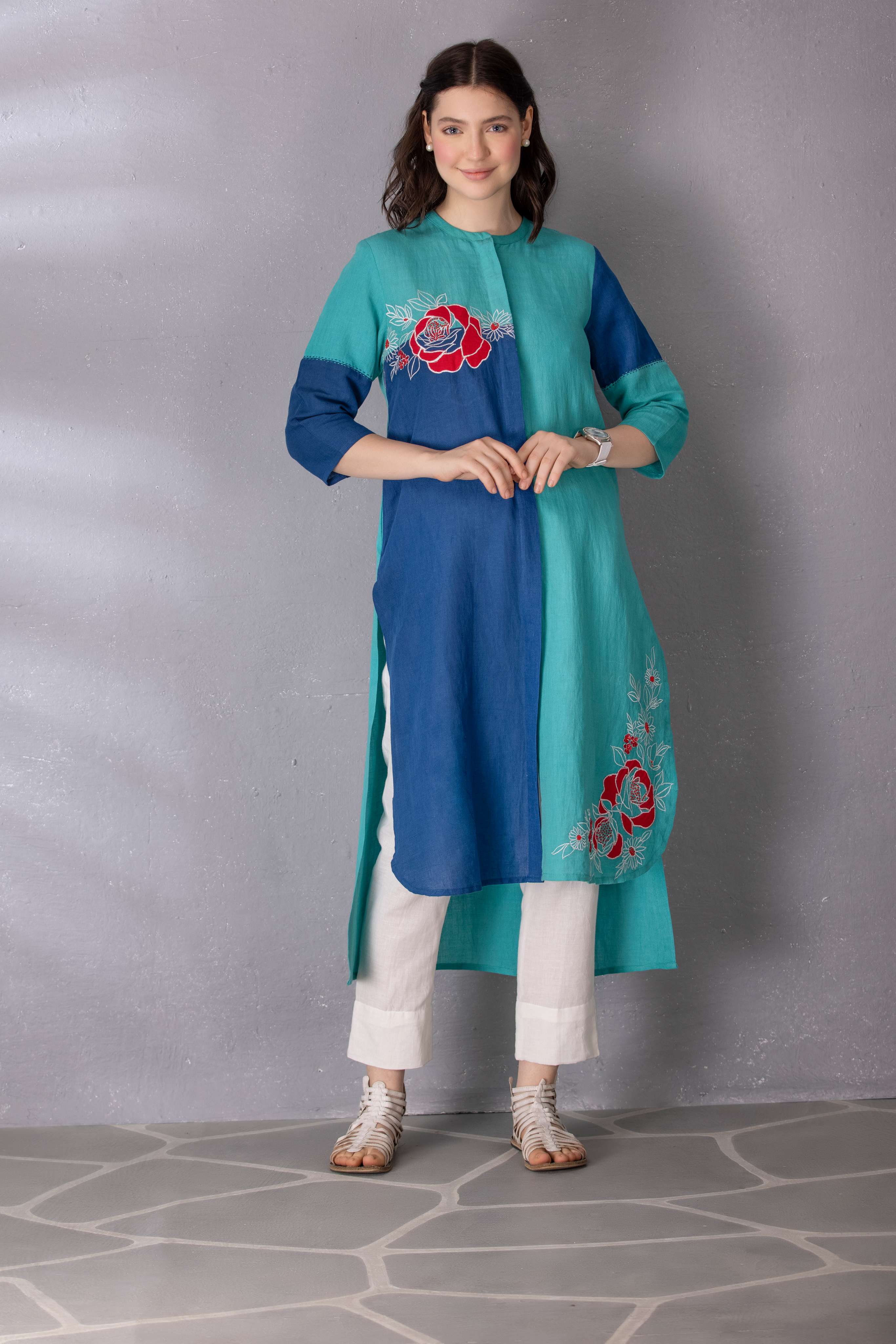 Turquoise Green with Matisse Blue Cotton Linen Tunic with Pant Set