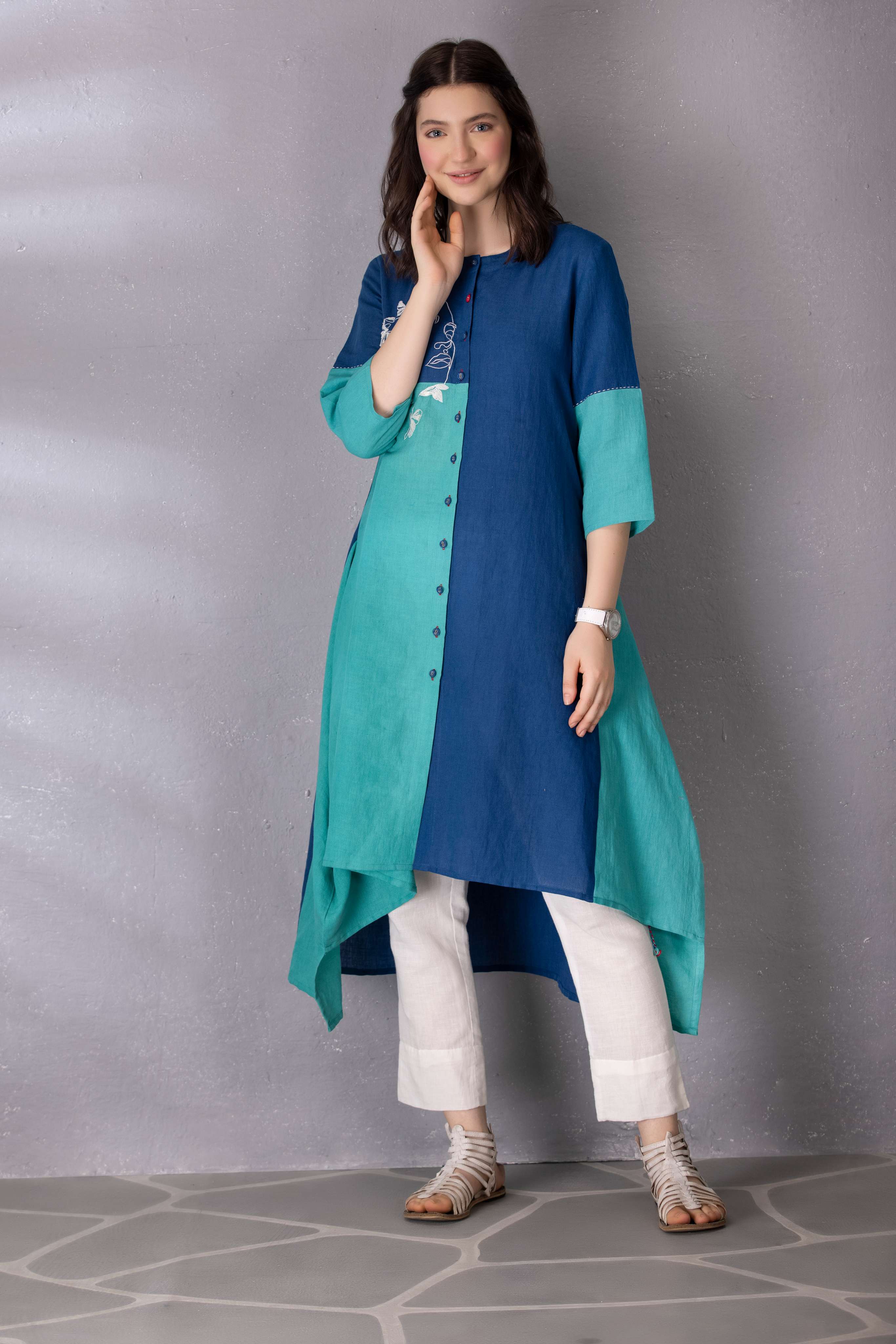 Turquoise Green & Mattise Blue Cotton Blue Tunic with Pant Set