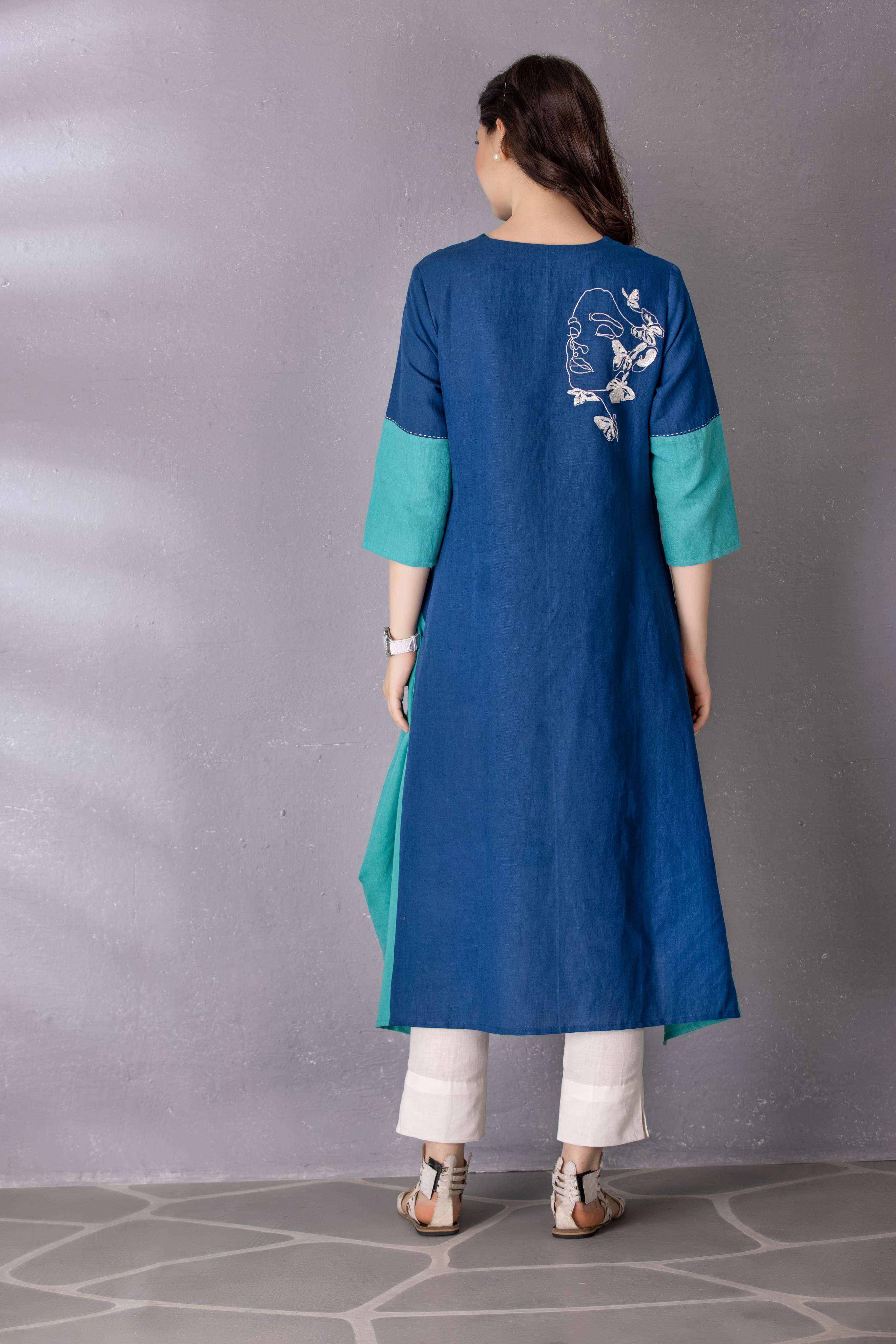 Turquoise Green & Mattise Blue Cotton Blue Tunic with Pant Set