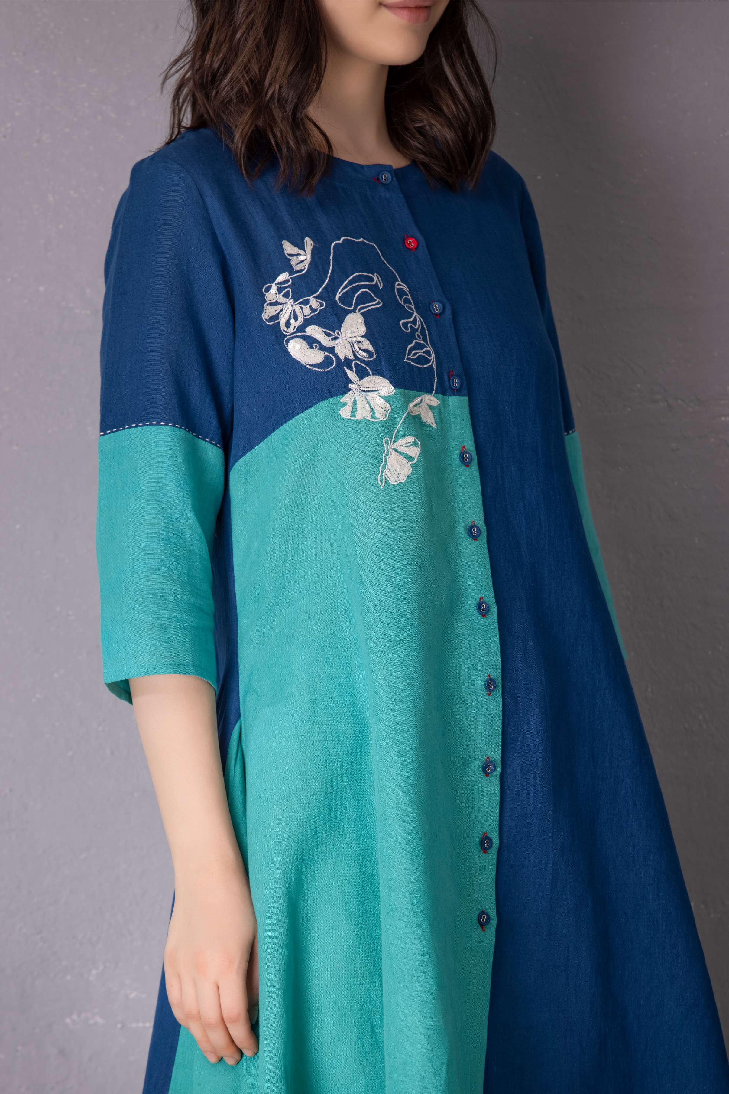 Turquoise Green & Mattise Blue Cotton Blue Tunic with Pant Set