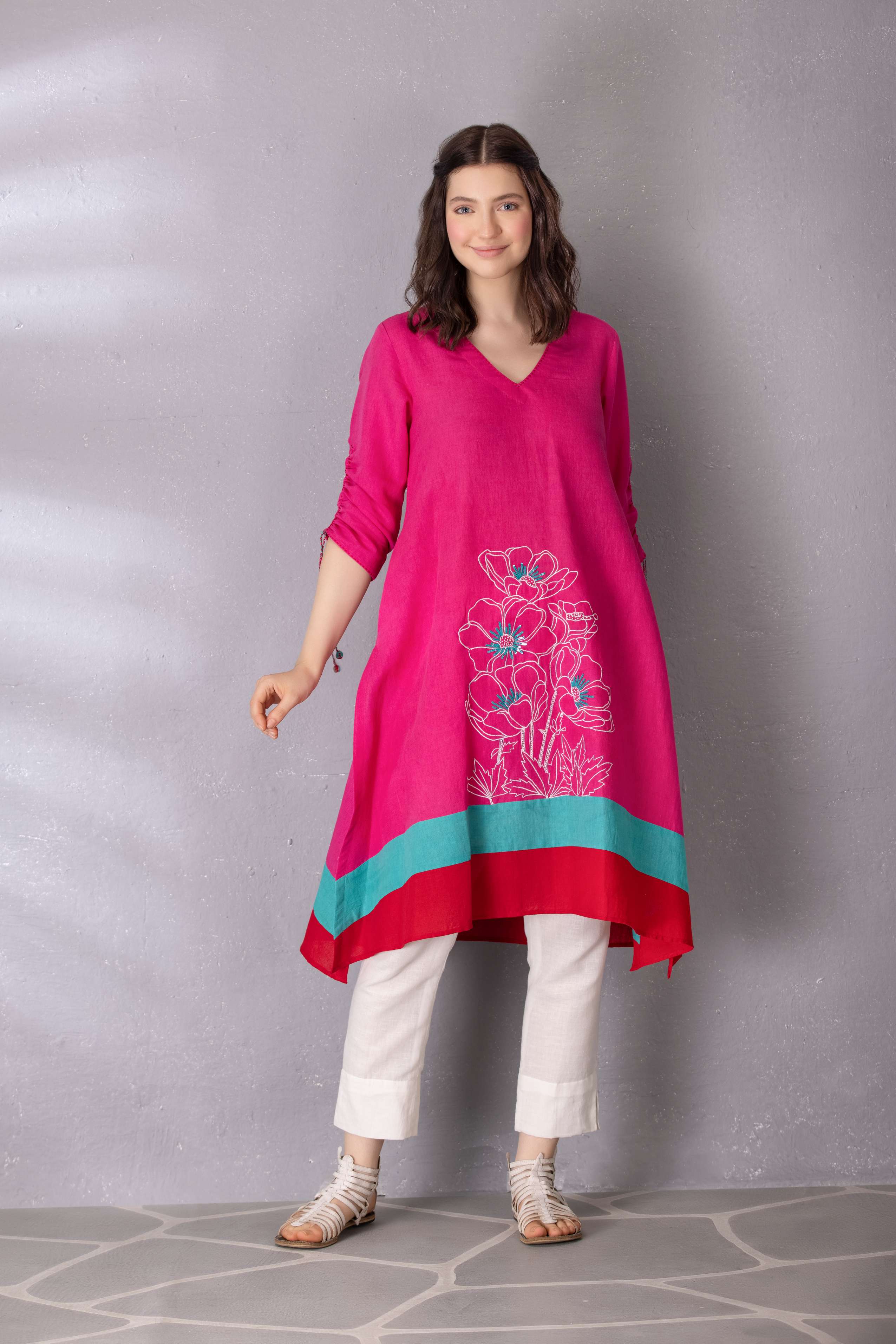 Bubble Gum Pink High Low Cotton Linen Tunic with Pant Set