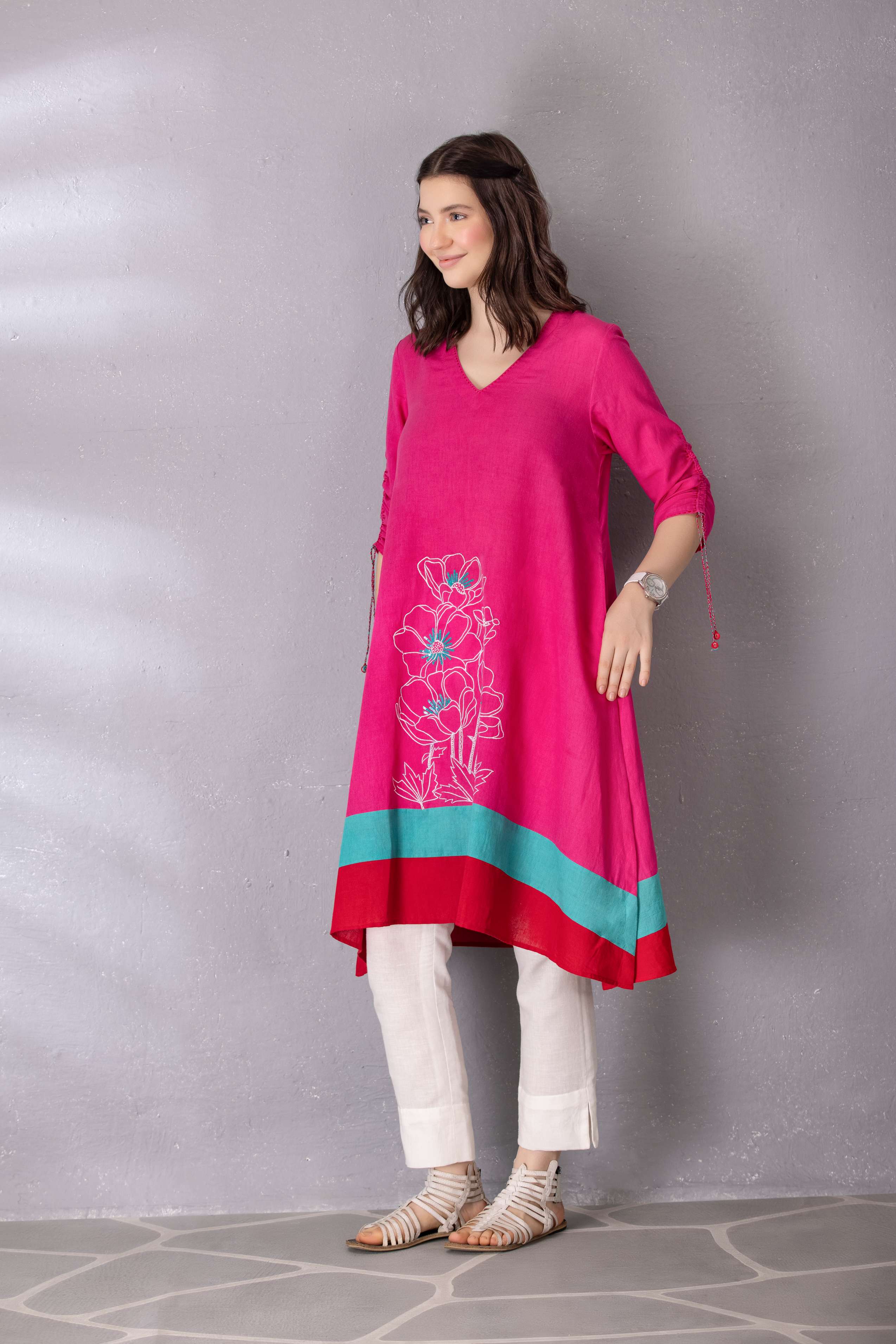 Bubble Gum Pink High Low Cotton Linen Tunic with Pant Set