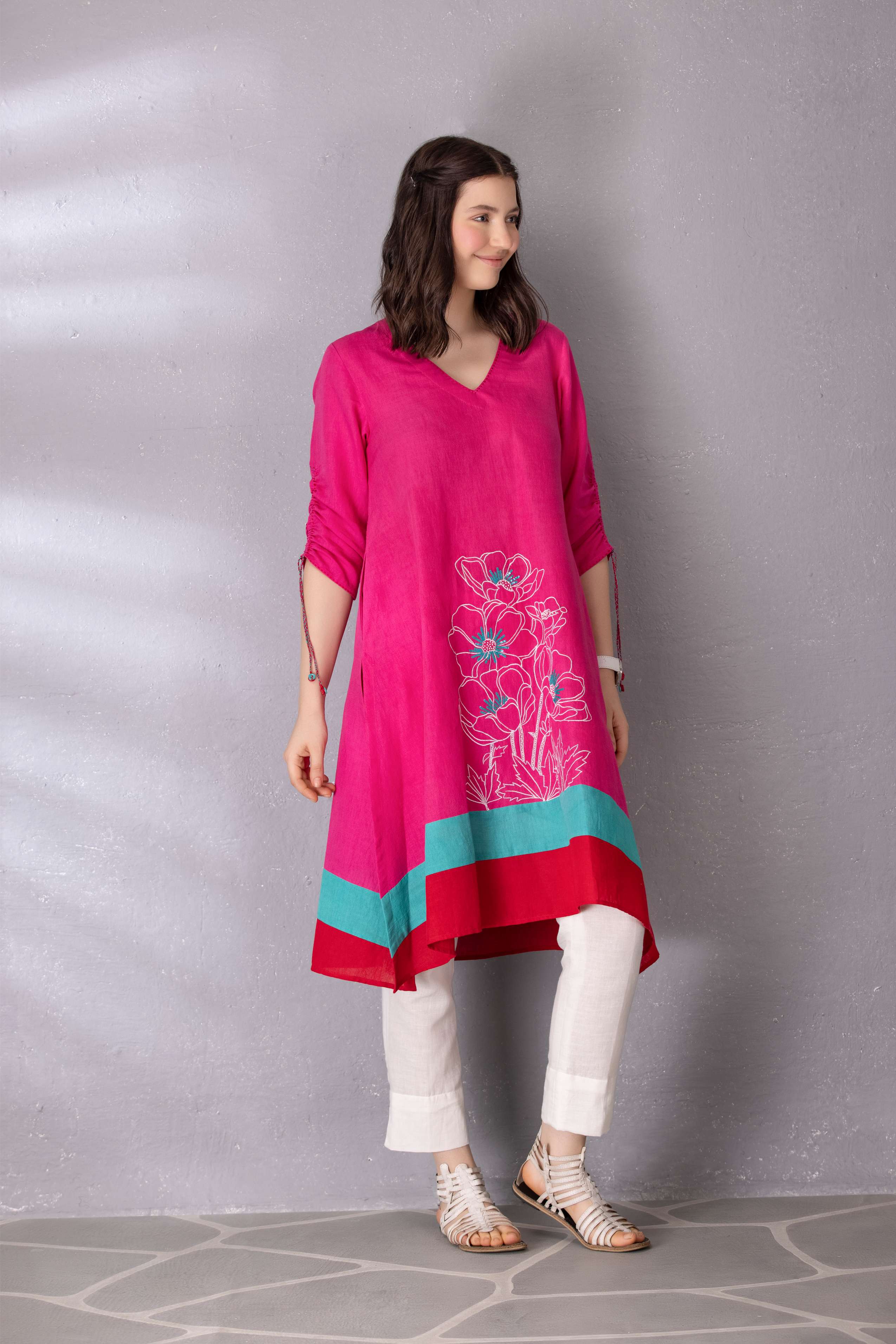 Bubble Gum Pink High Low Cotton Linen Tunic with Pant Set