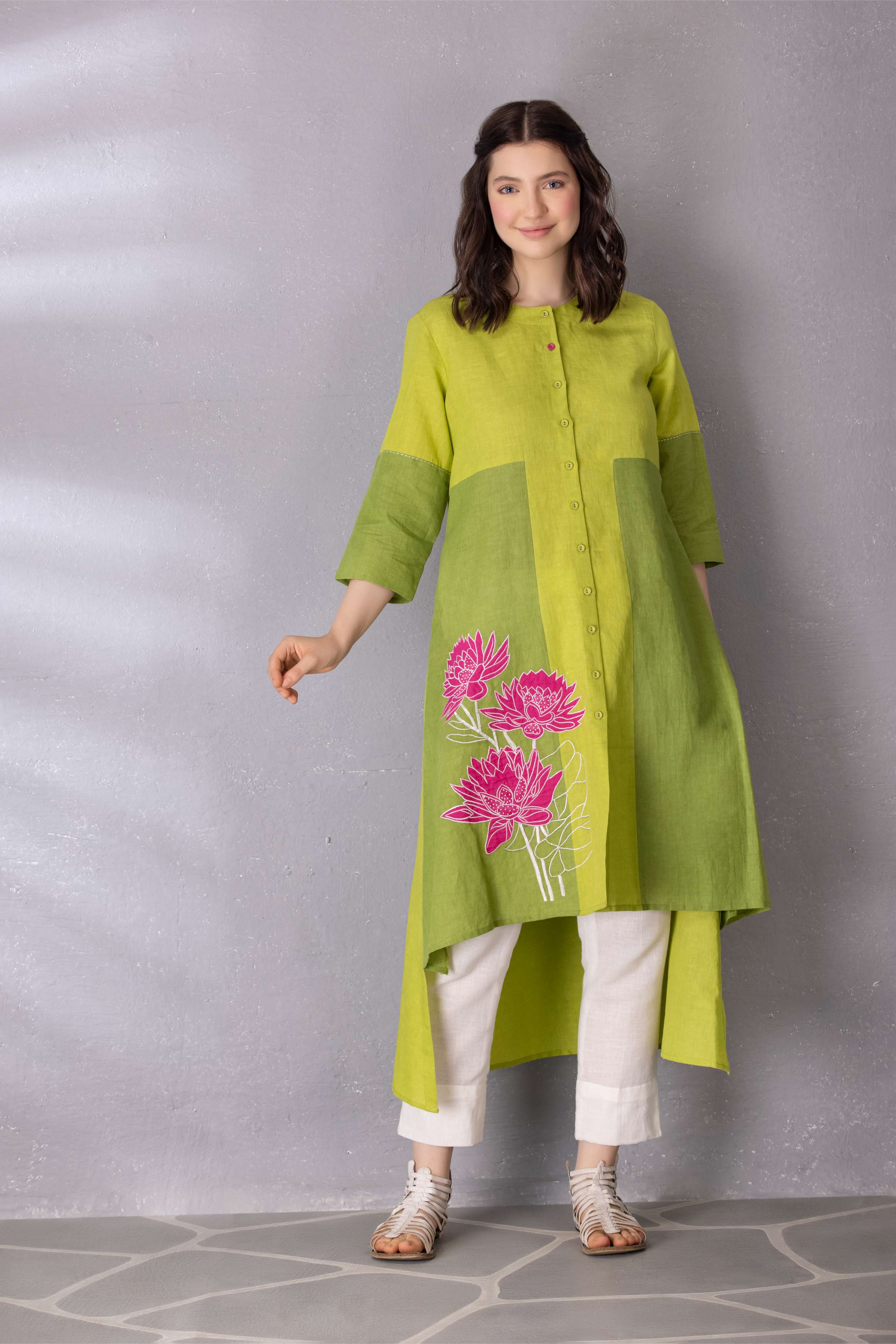 Lime Green High Low Cotton Linen Tunic with Pant Set