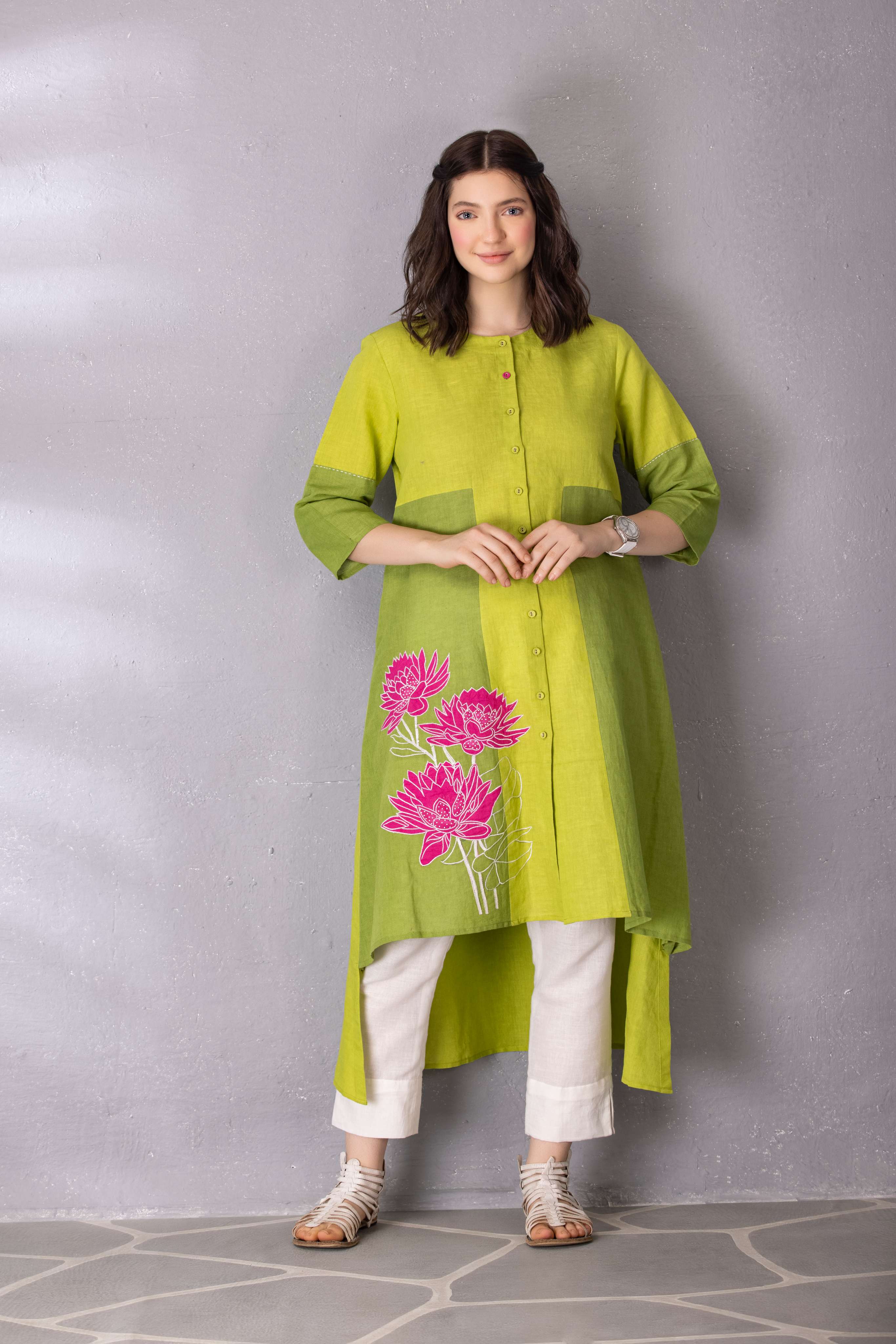 Lime Green High Low Cotton Linen Tunic with Pant Set