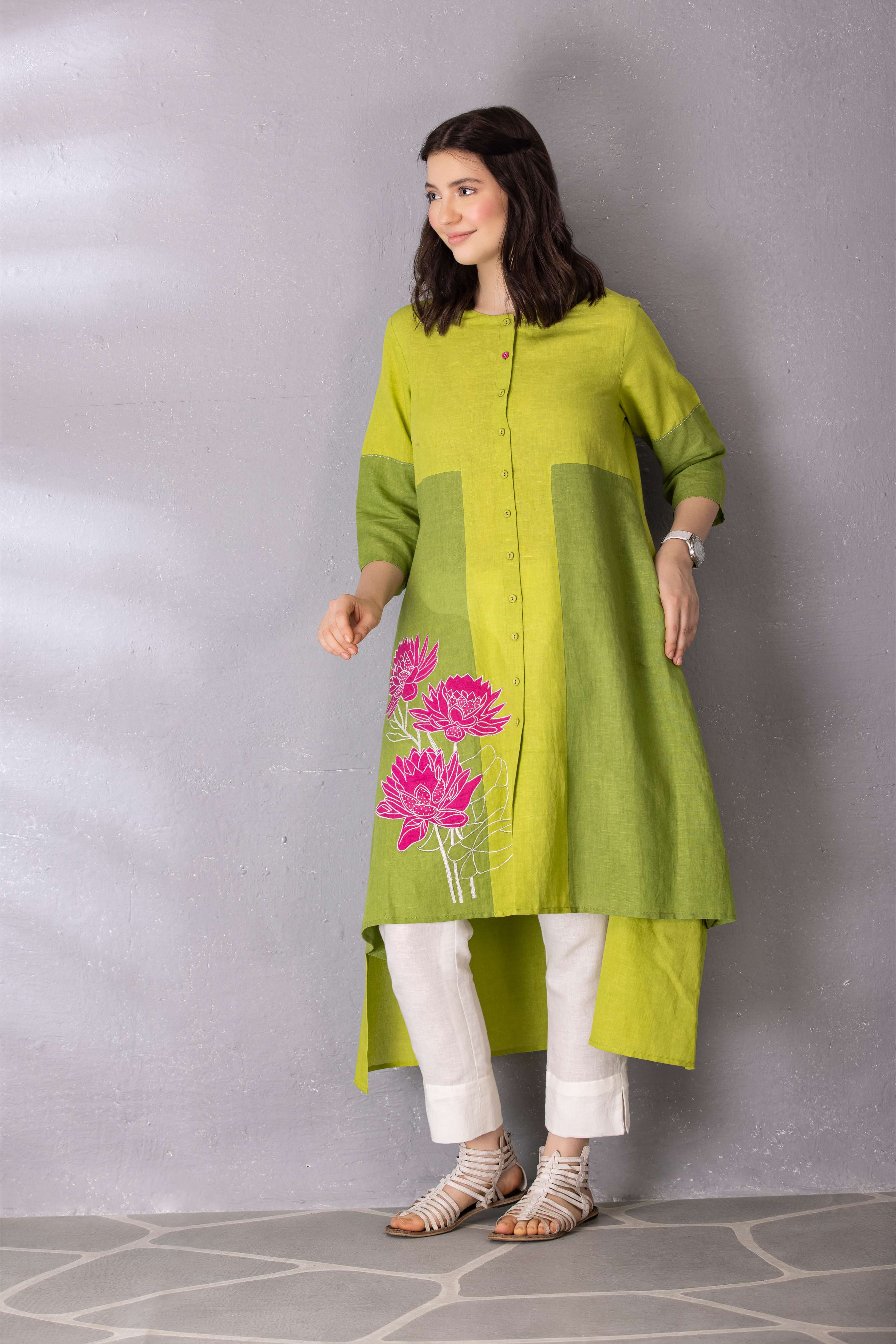 Lime Green High Low Cotton Linen Tunic with Pant Set