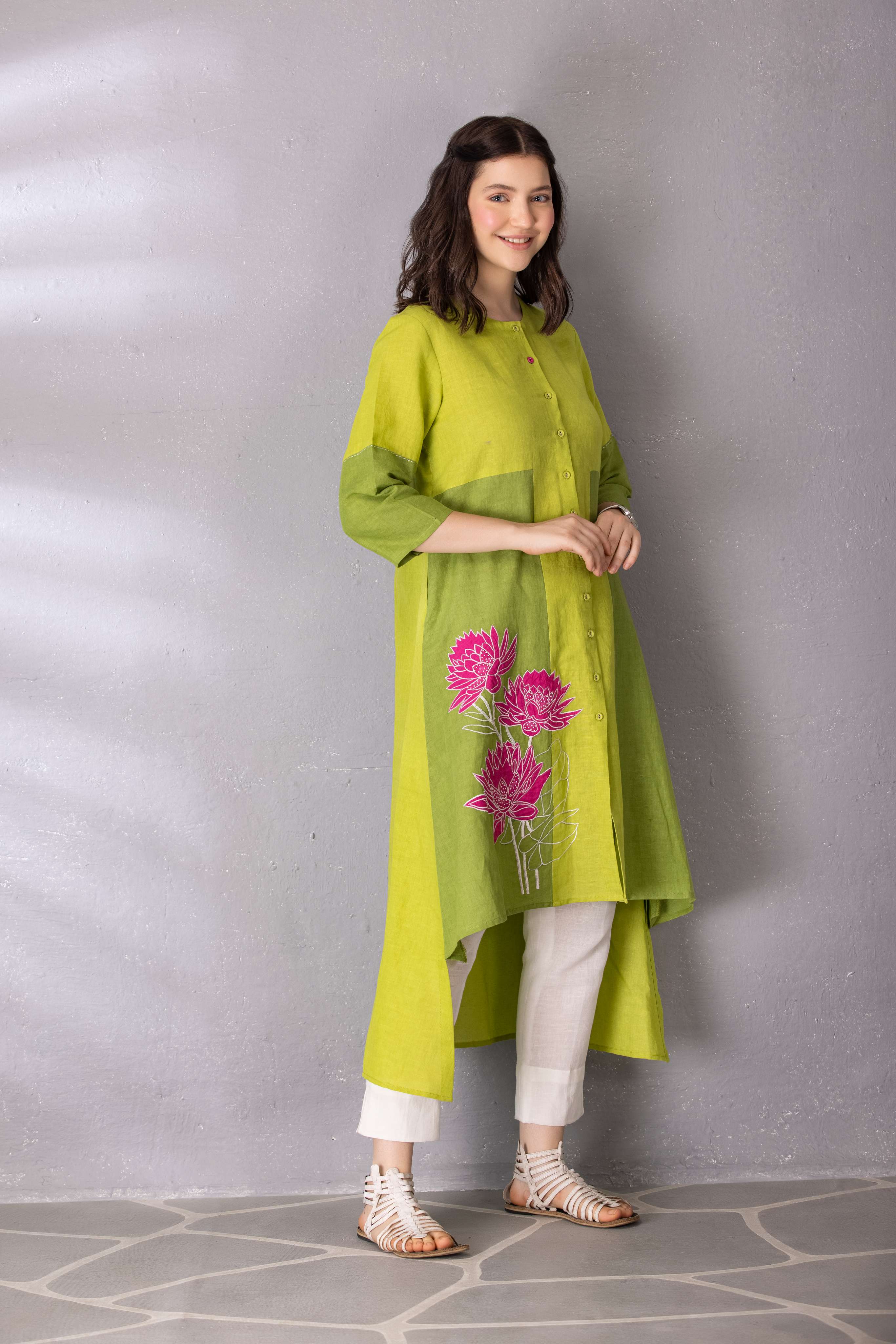 Lime Green High Low Cotton Linen Tunic with Pant Set