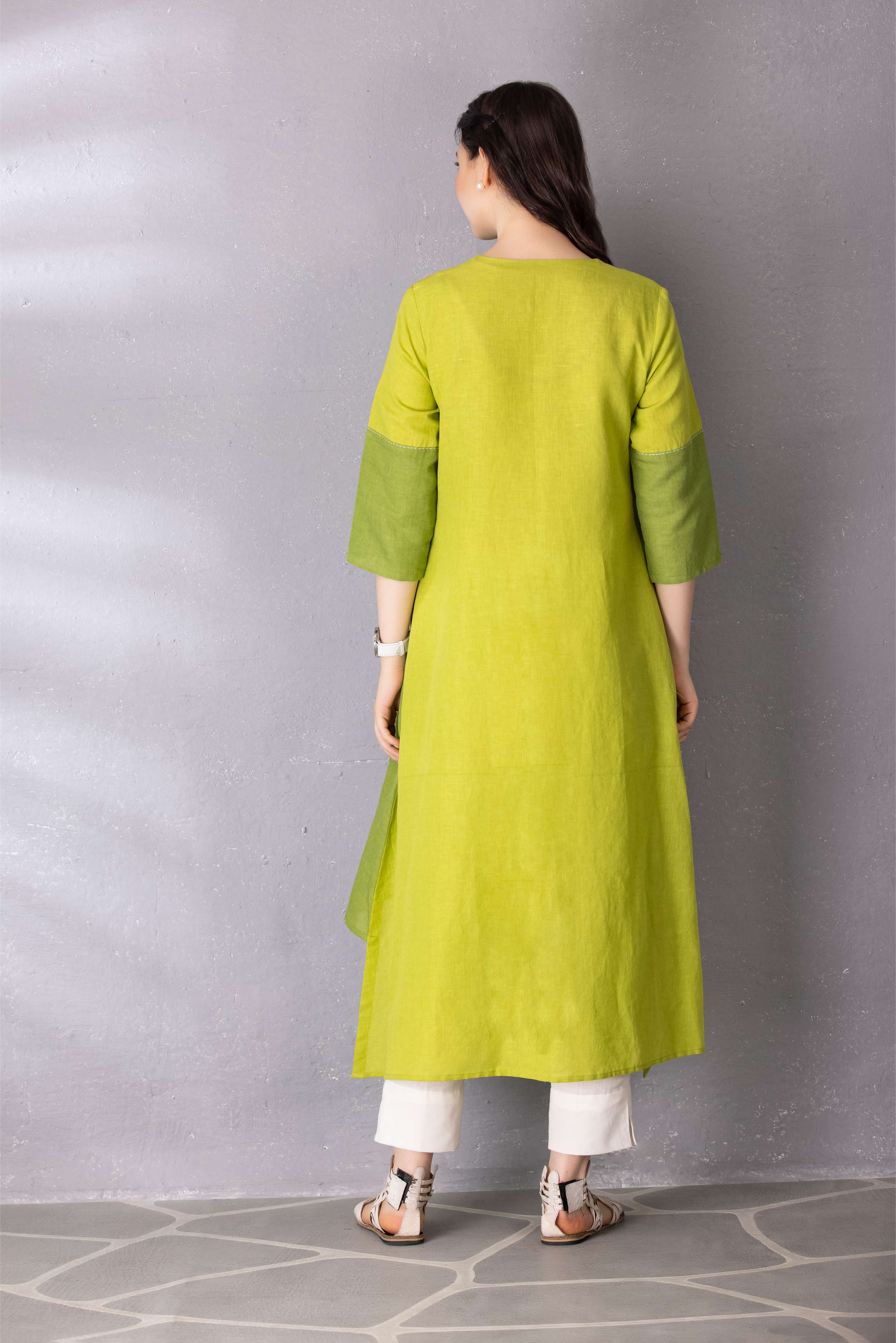 Lime Green High Low Cotton Linen Tunic with Pant Set