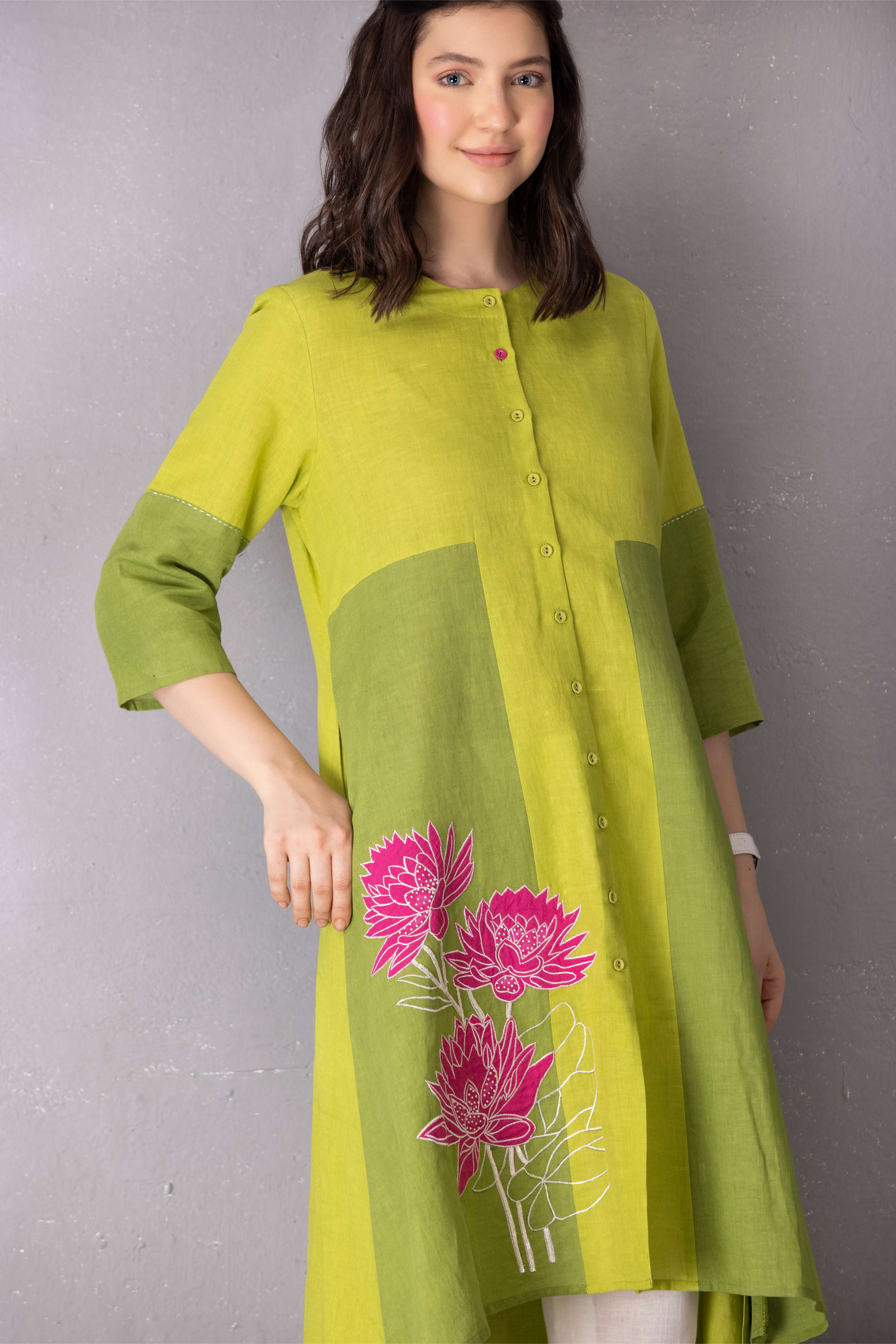 Lime Green High Low Cotton Linen Tunic with Pant Set