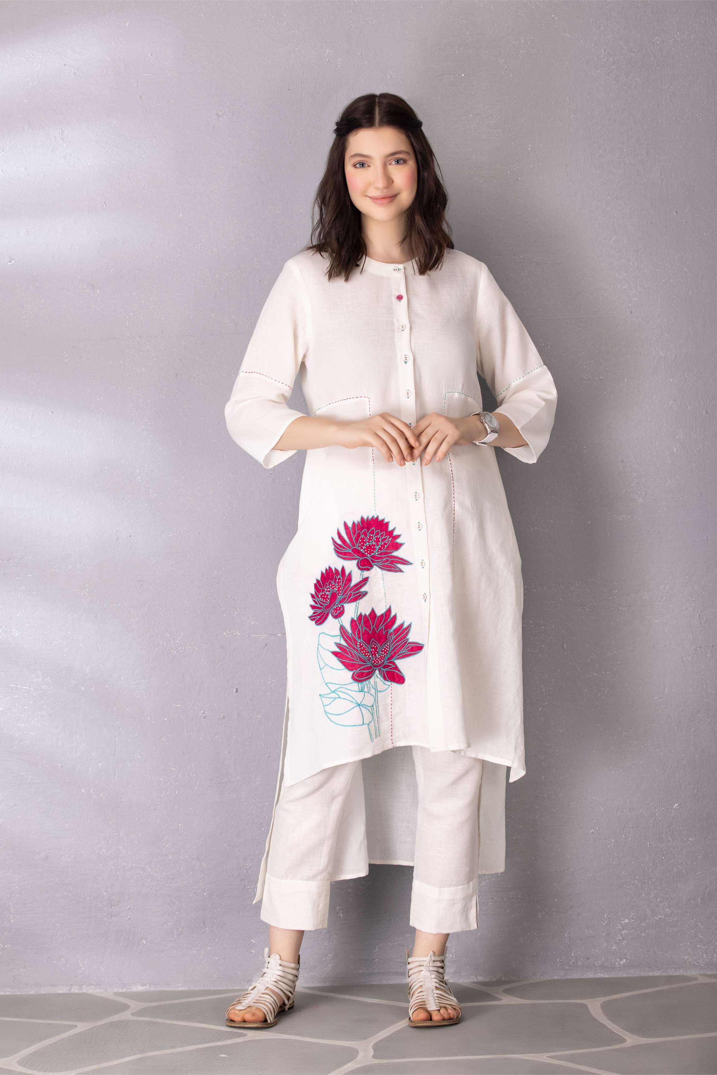 White Embroidered Cotton Linen with Pant Set