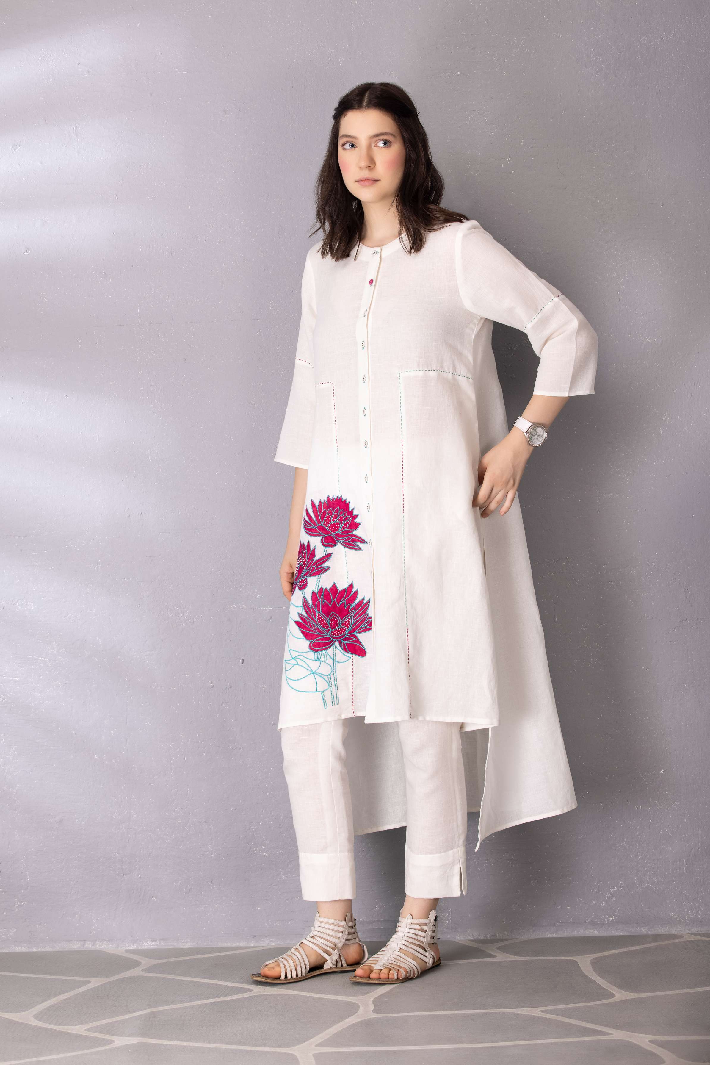 White Embroidered Cotton Linen with Pant Set