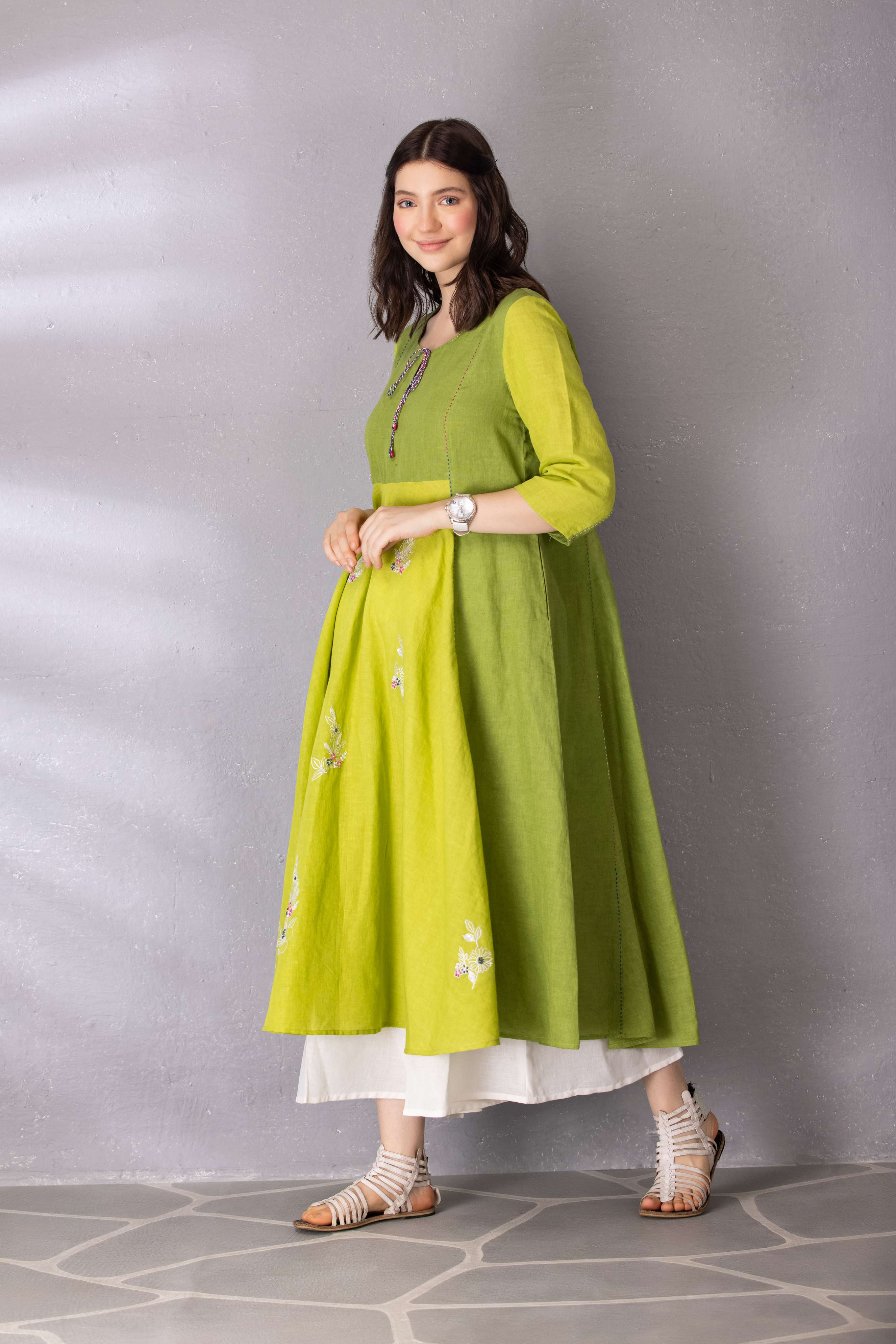 Lime Green A-Line Anarkali style Tunic with Palazzo Set