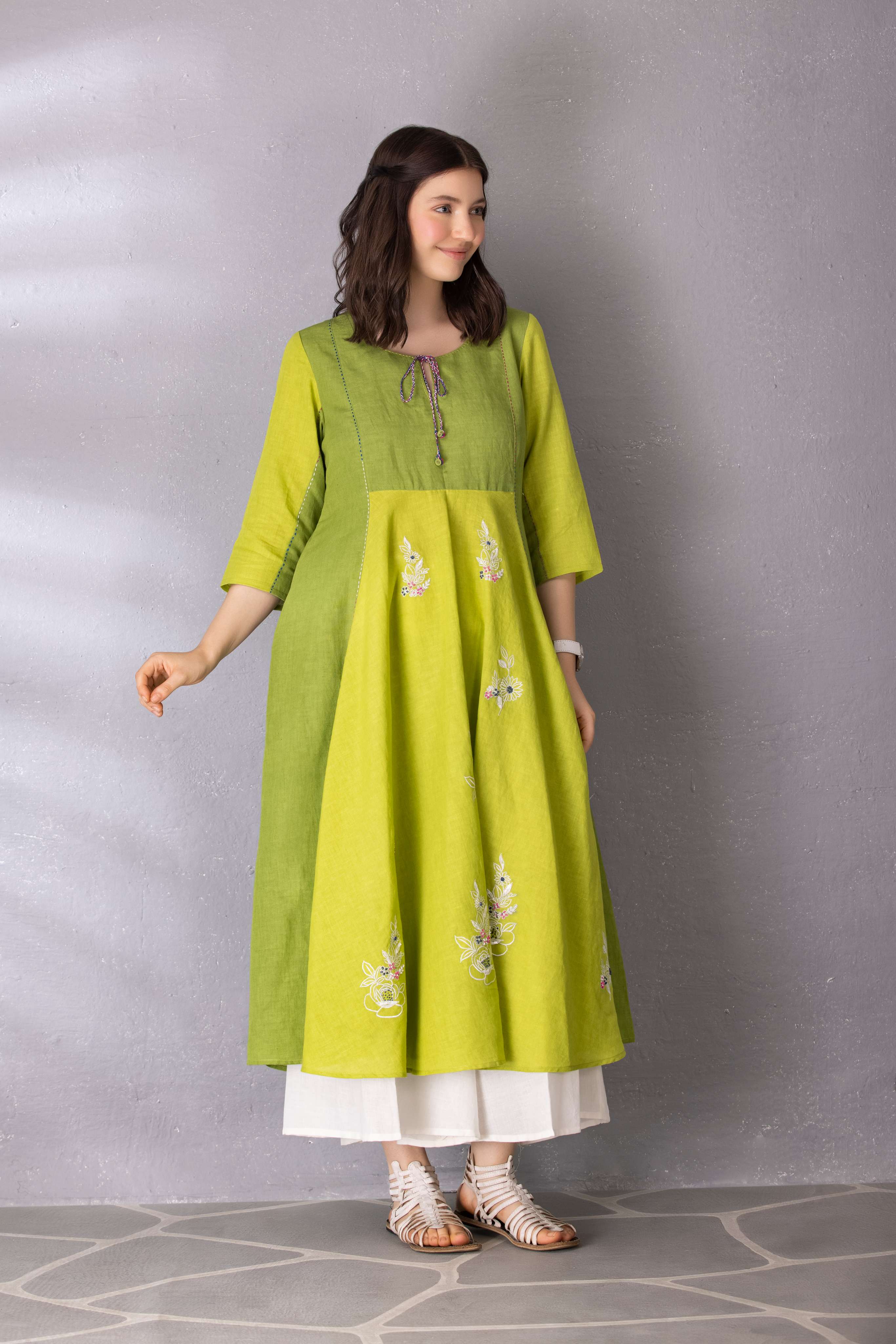 Lime Green A-Line Anarkali style Tunic with Palazzo Set