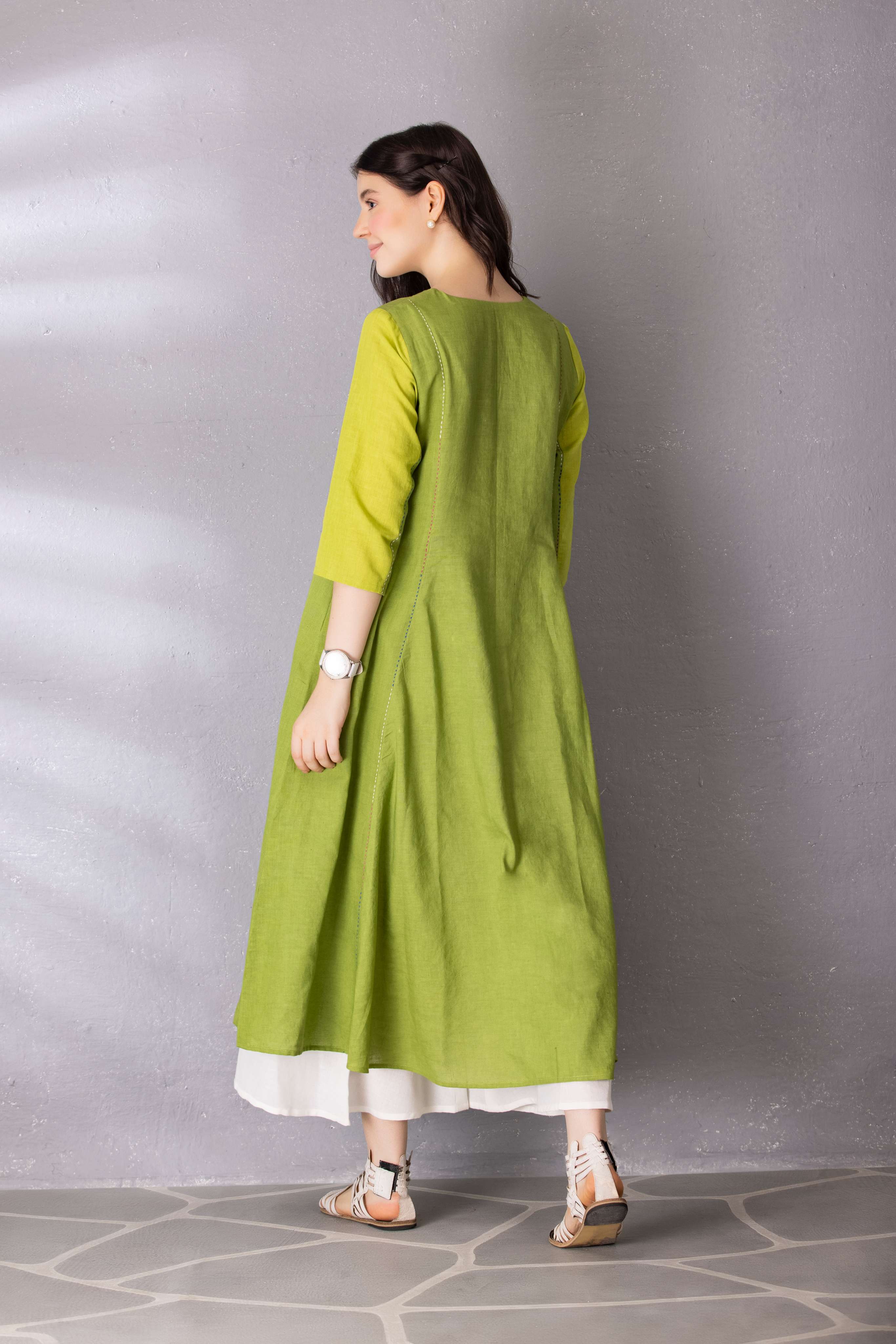 Lime Green A-Line Anarkali style Tunic with Palazzo Set