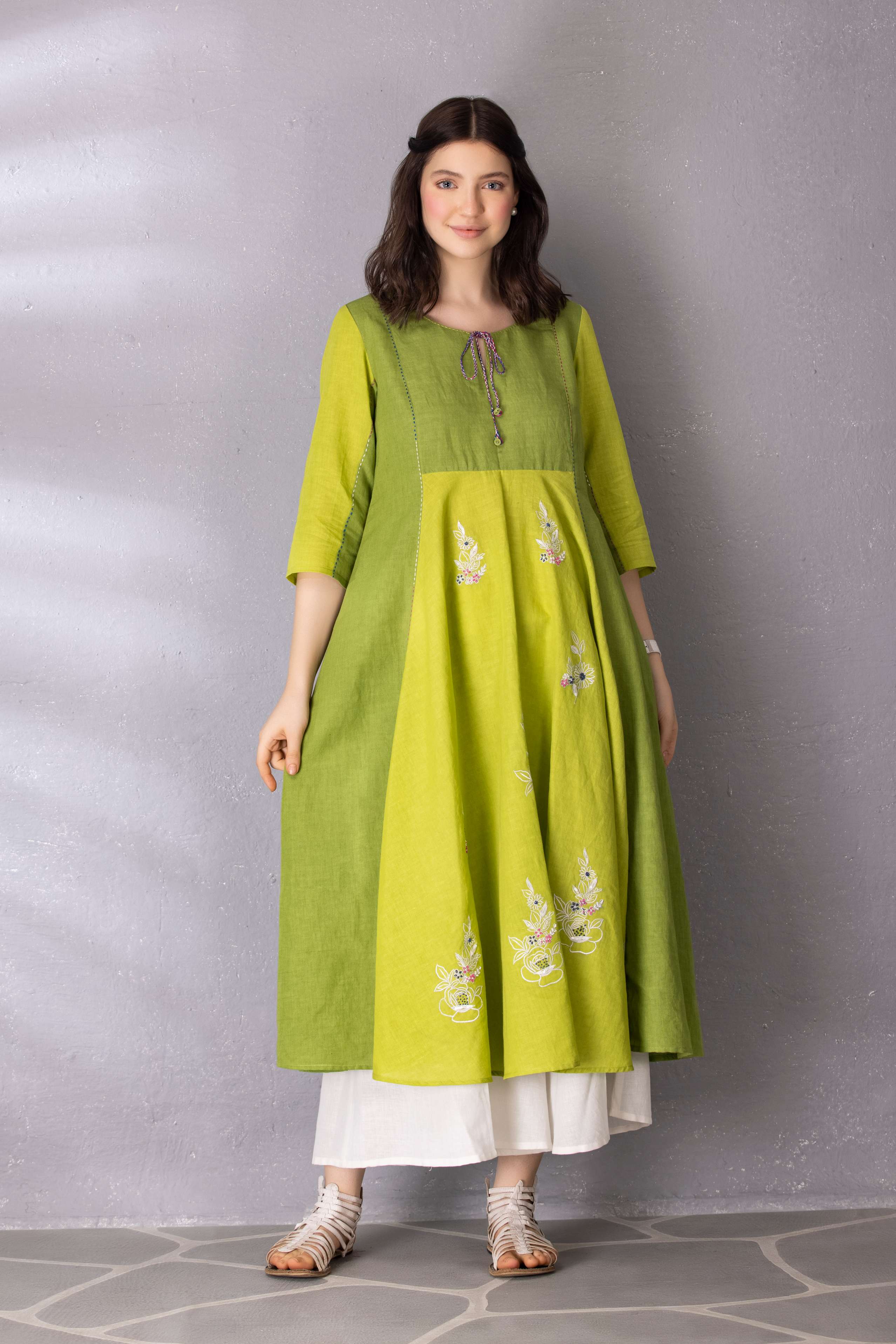 Lime Green A-Line Anarkali style Tunic with Palazzo Set