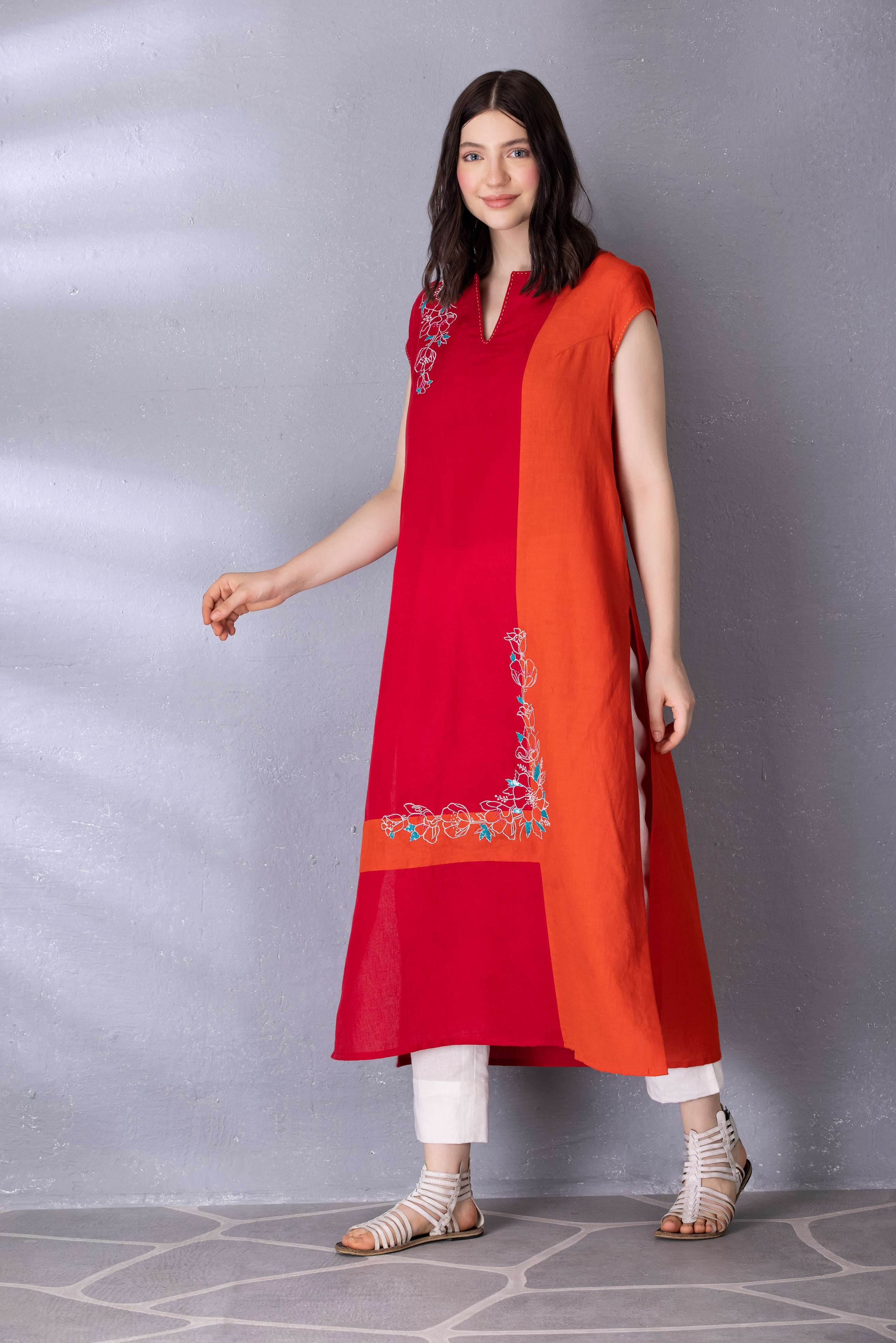 Cherry Red & Burnt Orange Cotton Linen Tunic with Embroidery with Pant Sets