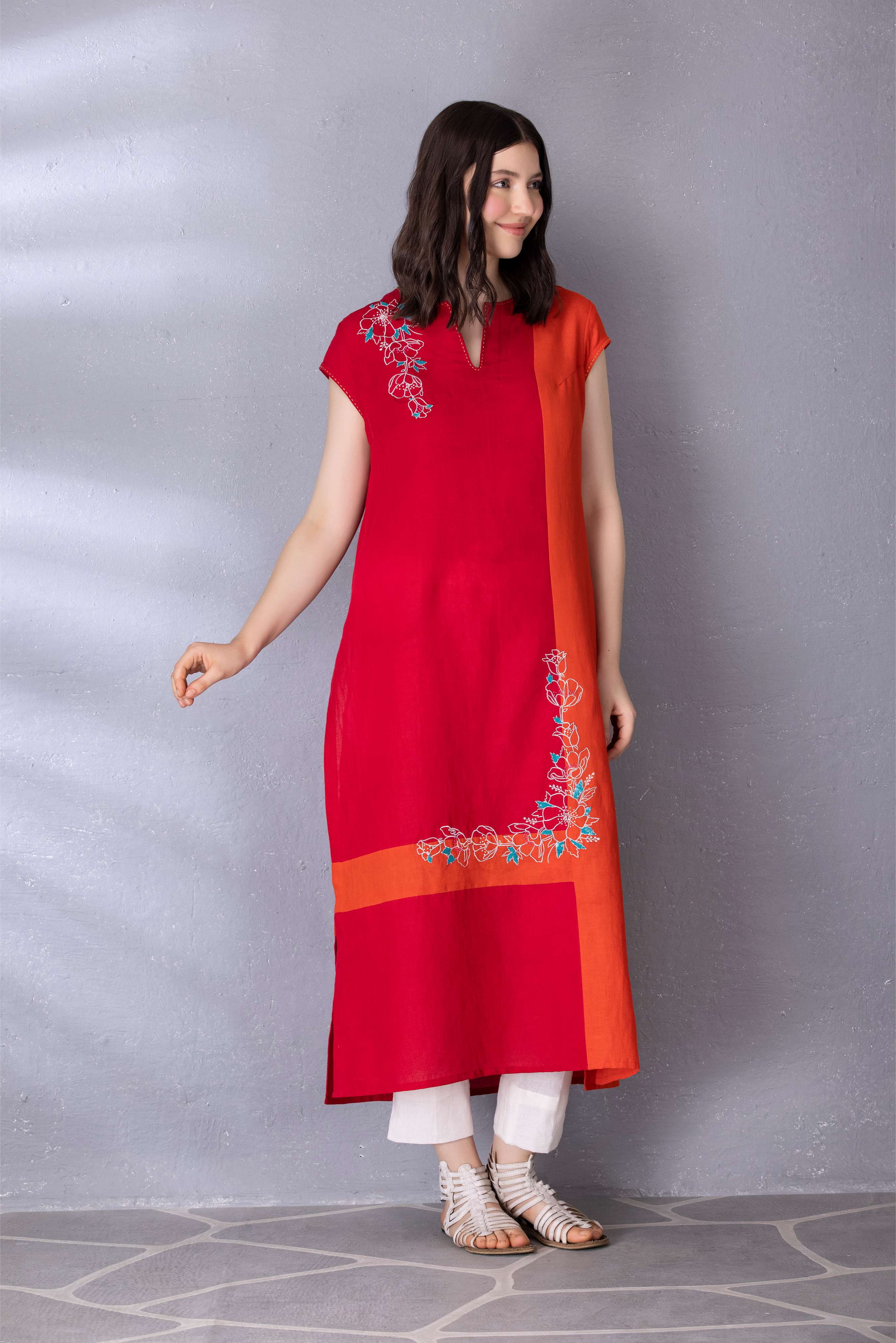 Cherry Red & Burnt Orange Cotton Linen Tunic with Embroidery with Pant Sets