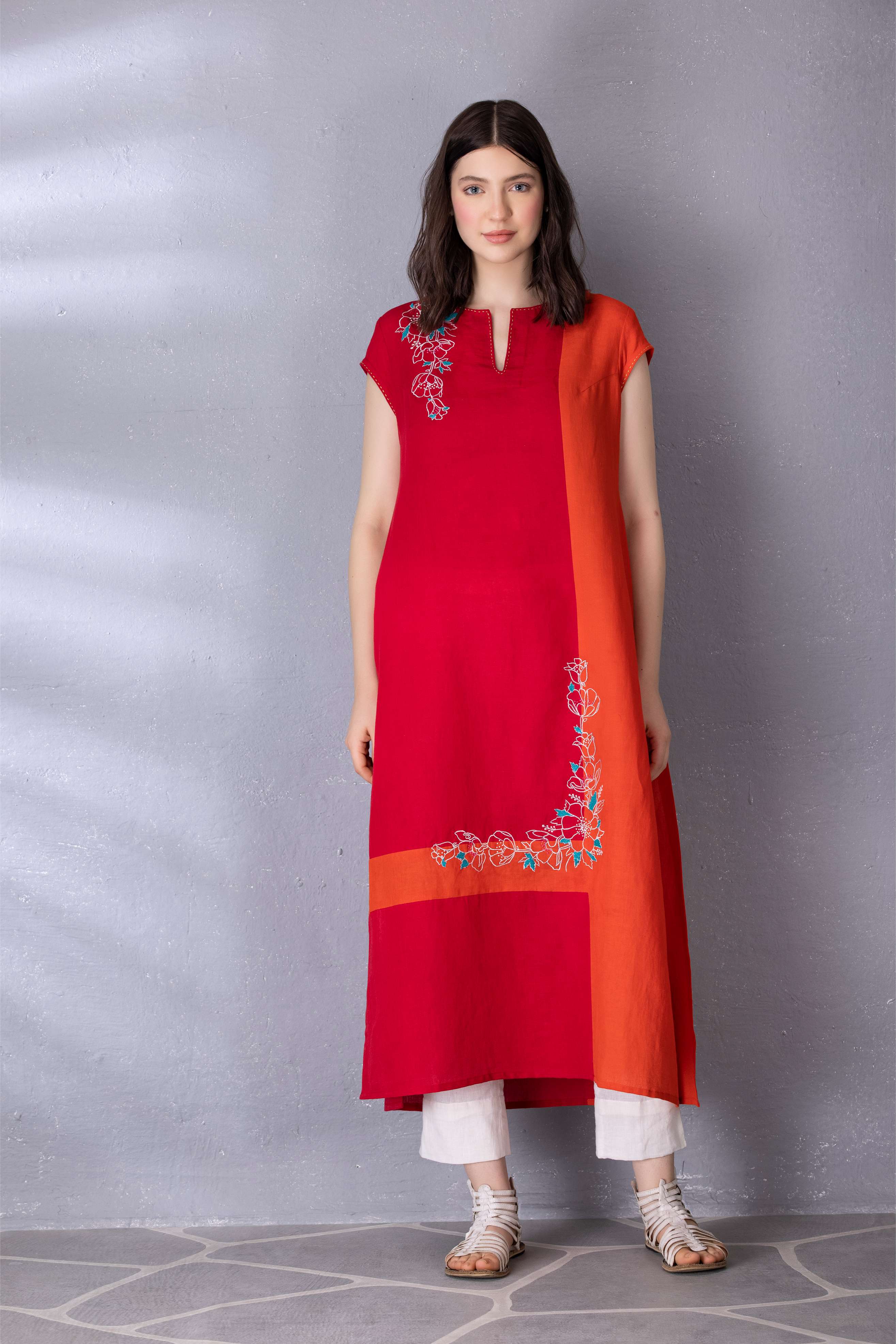 Cherry Red & Burnt Orange Cotton Linen Tunic with Embroidery with Pant Sets