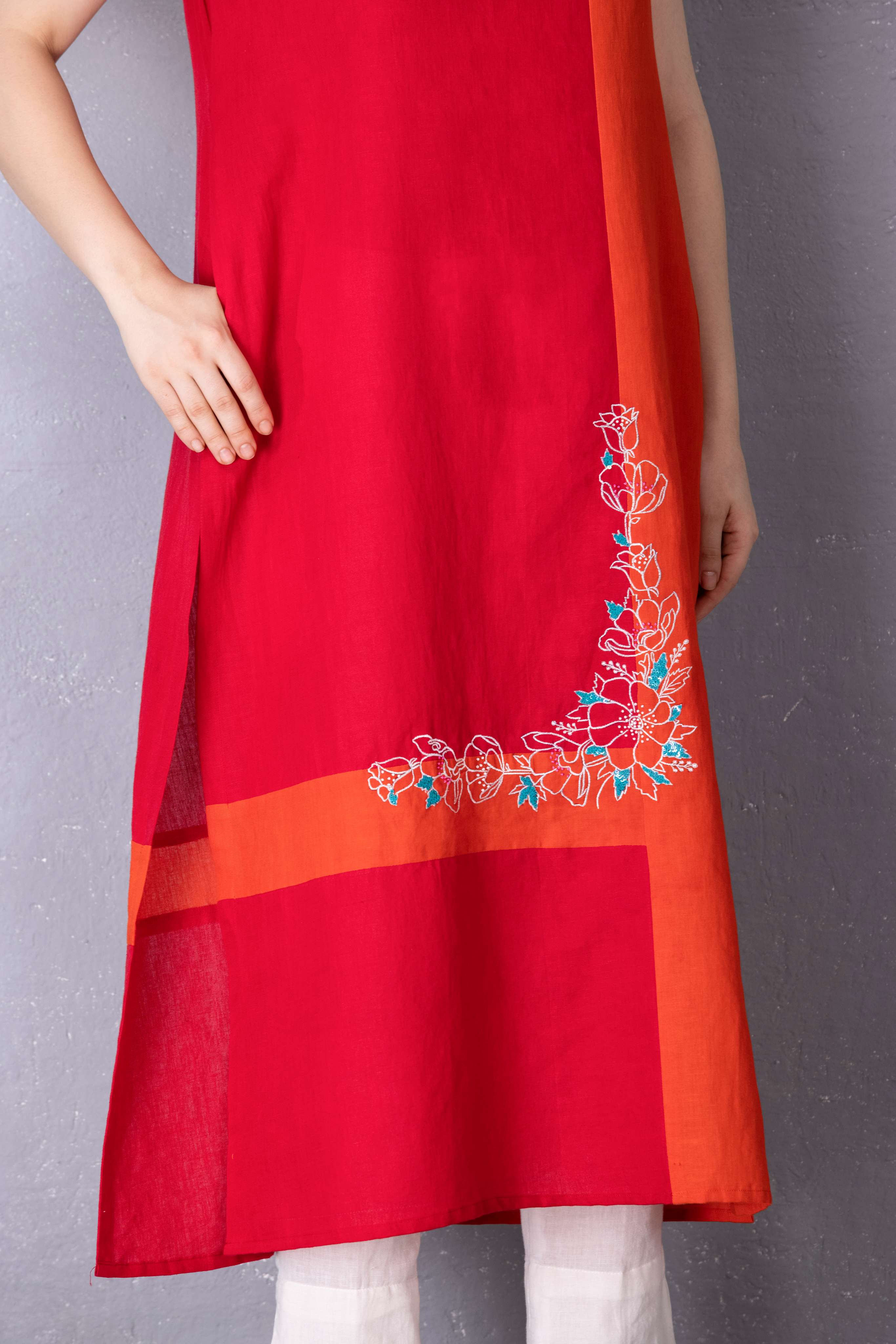 Cherry Red & Burnt Orange Cotton Linen Tunic with Embroidery with Pant Sets