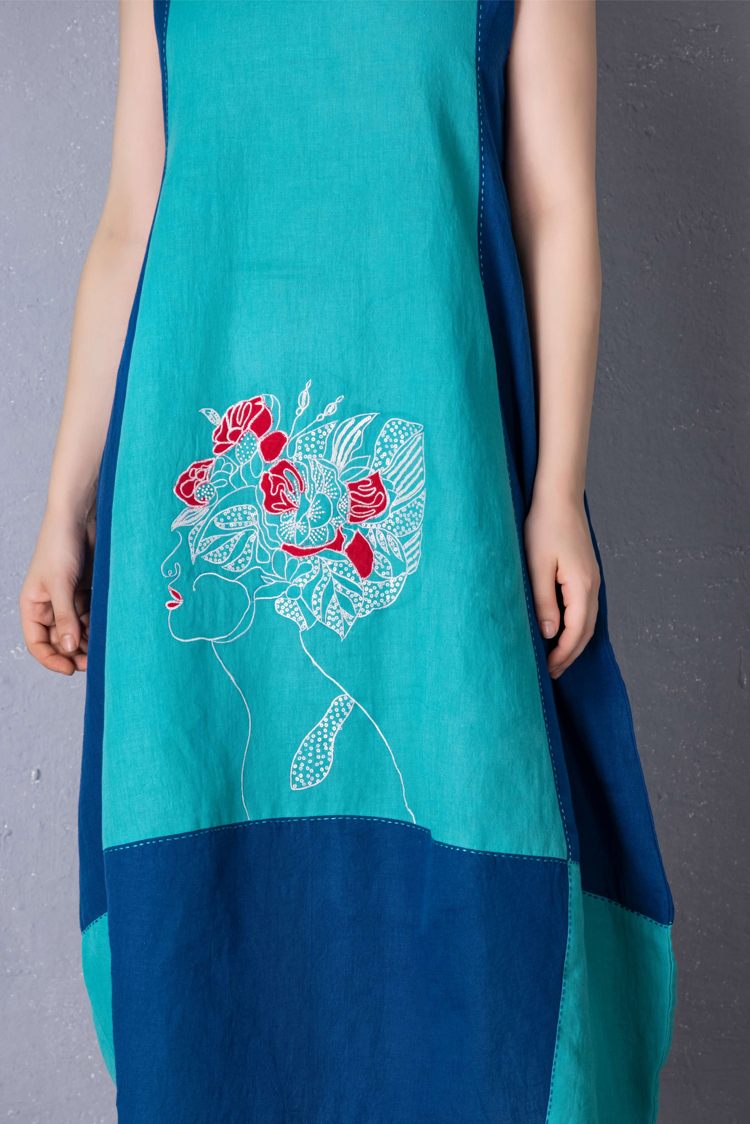 Turquoise Green with Matisse Blue Color Block Cotton Linen Dress