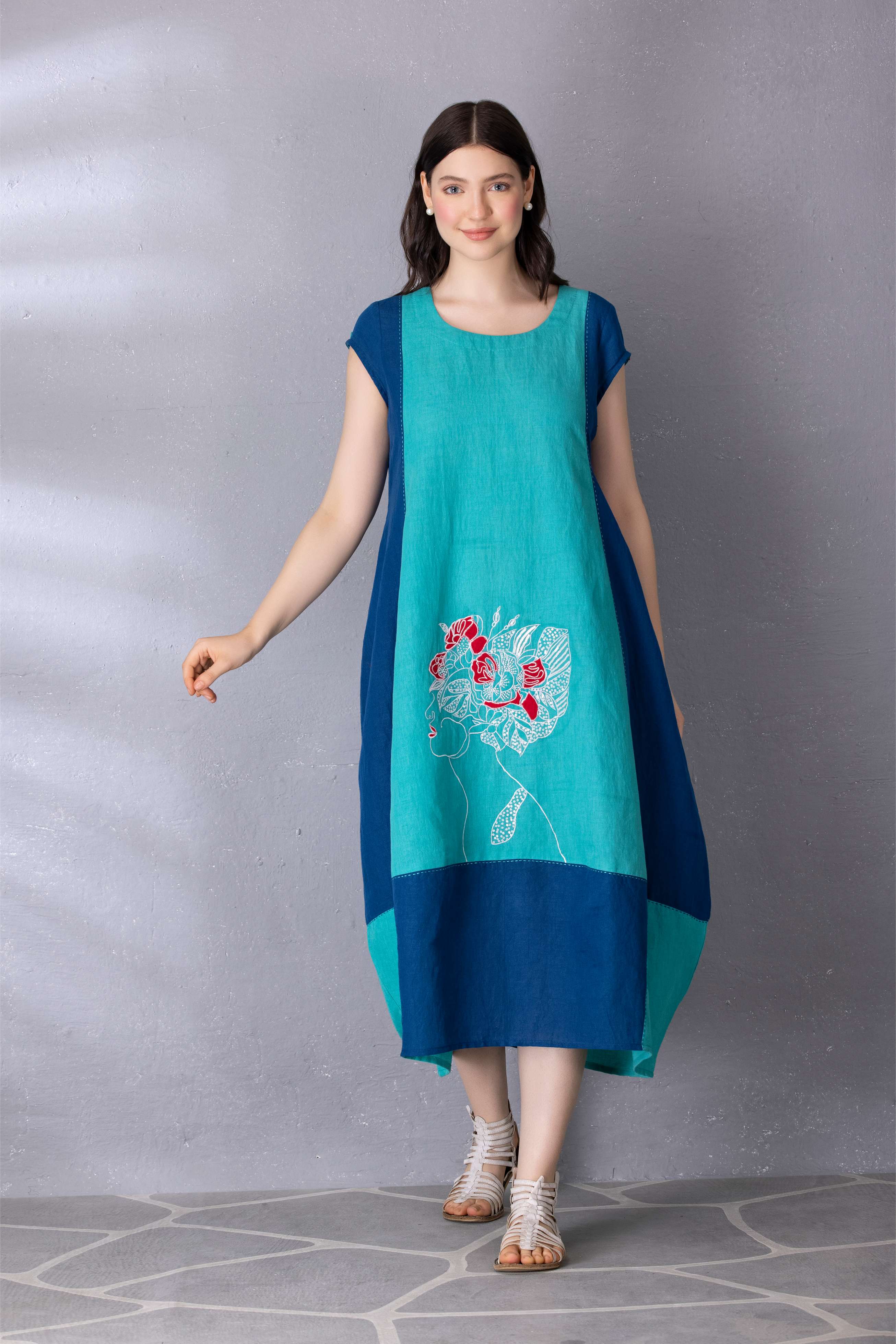 Turquoise Green with Matisse Blue Color Block Cotton Linen Dress