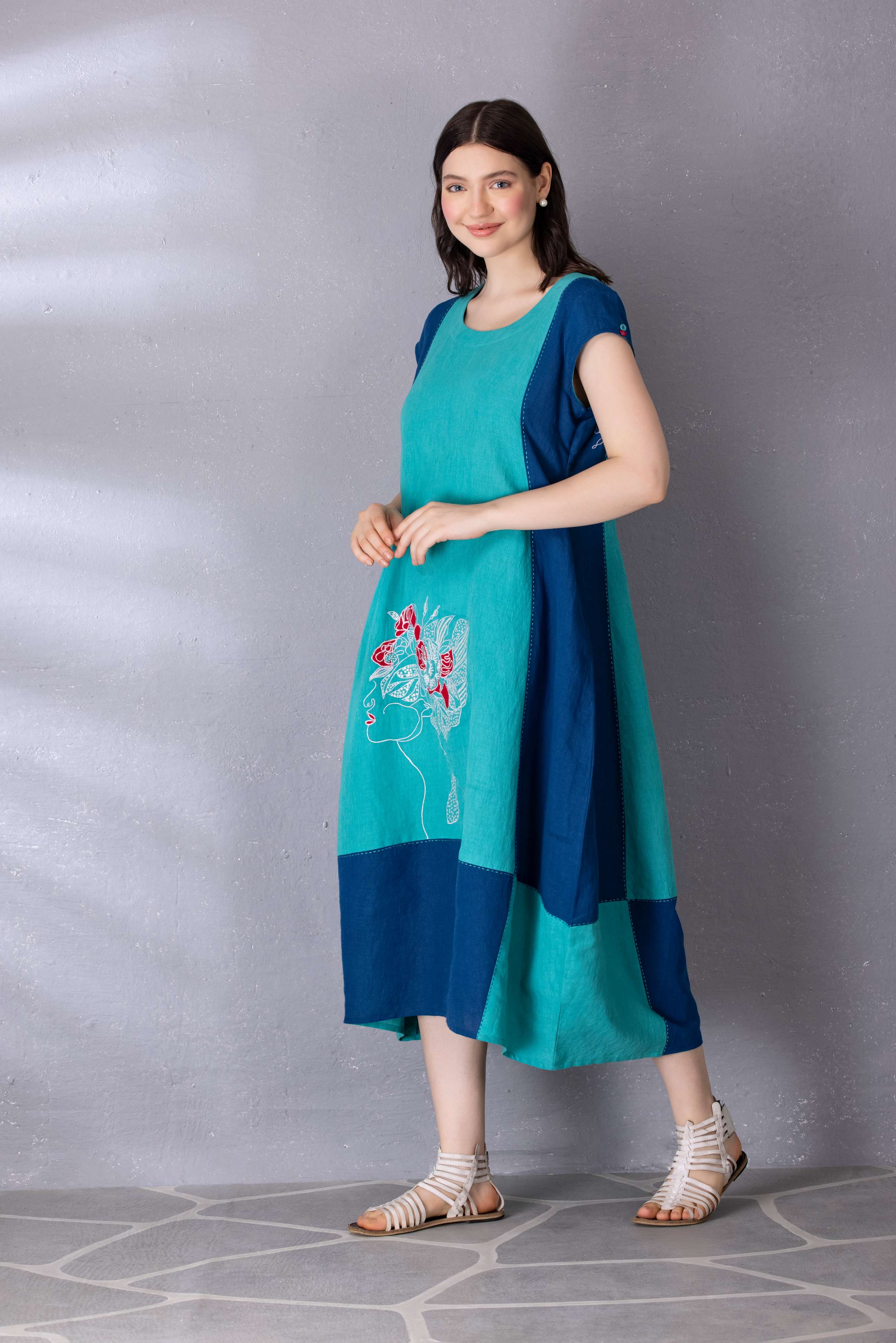 Turquoise Green with Matisse Blue Color Block Cotton Linen Dress