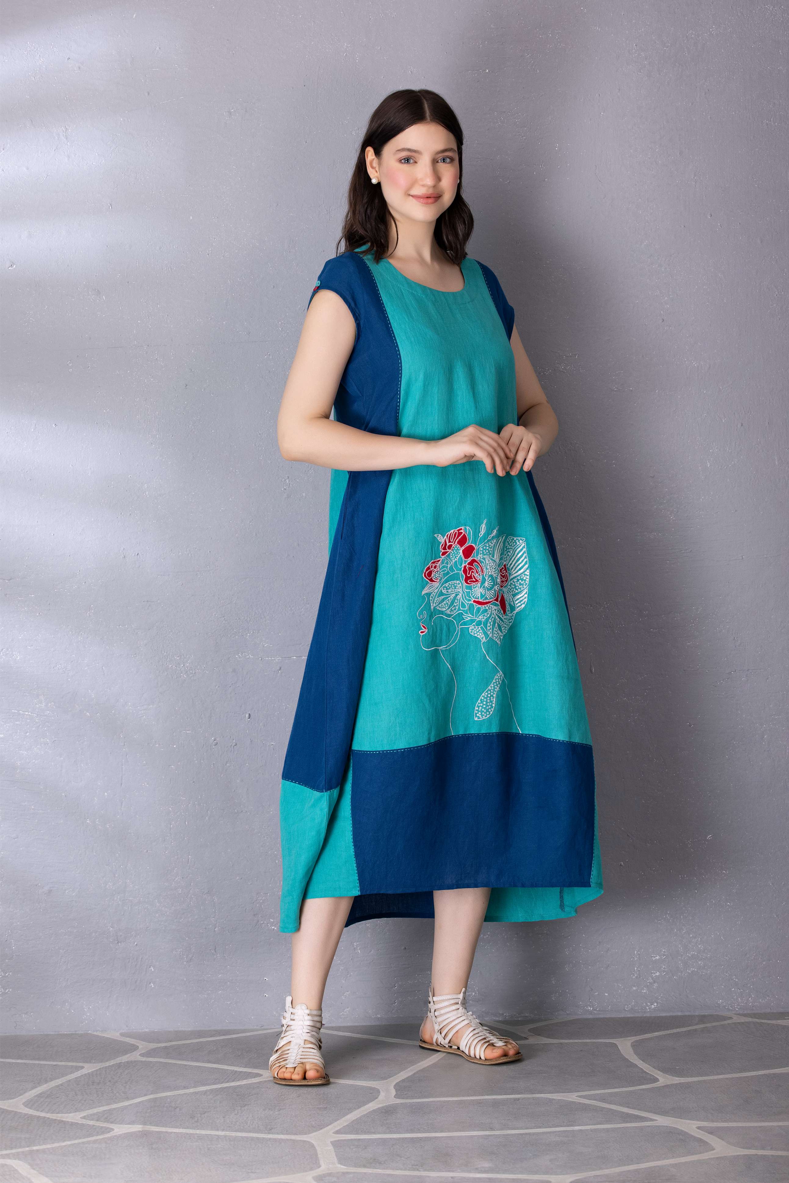 Turquoise Green with Matisse Blue Color Block Cotton Linen Dress