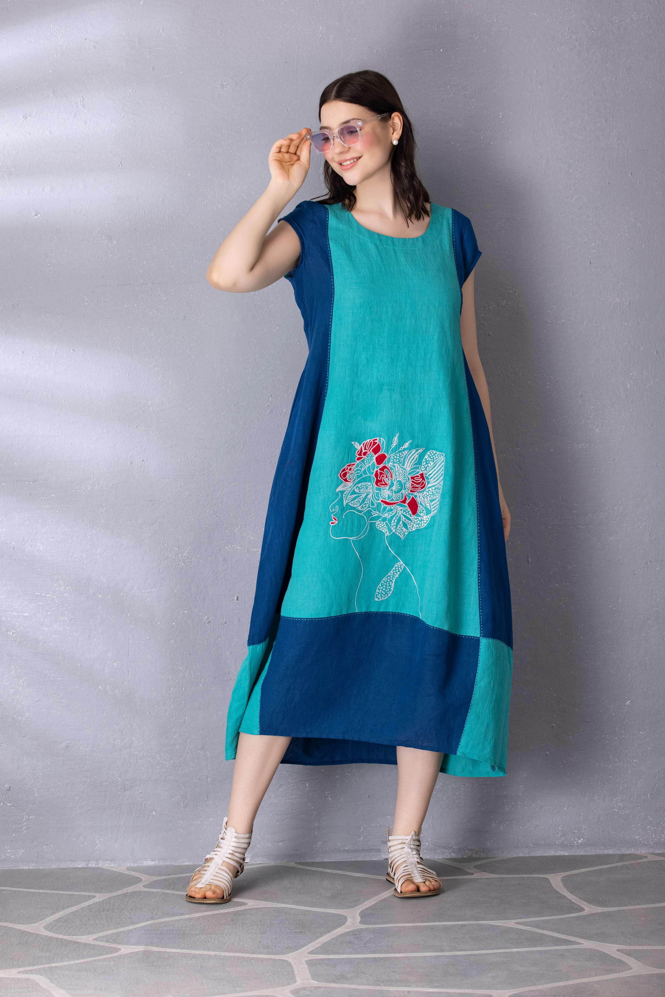 Turquoise Green with Matisse Blue Color Block Cotton Linen Dress