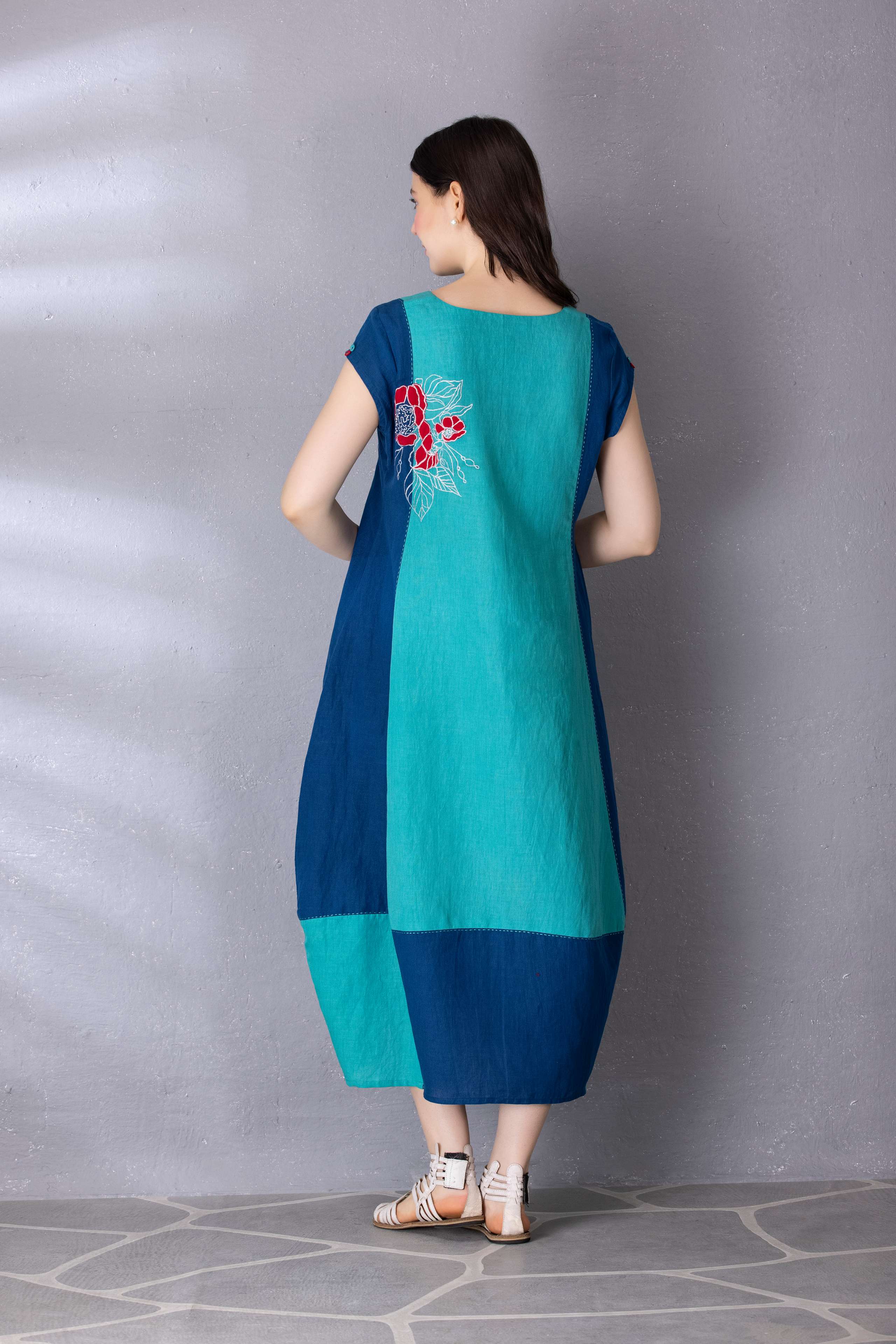 Turquoise Green with Matisse Blue Color Block Cotton Linen Dress