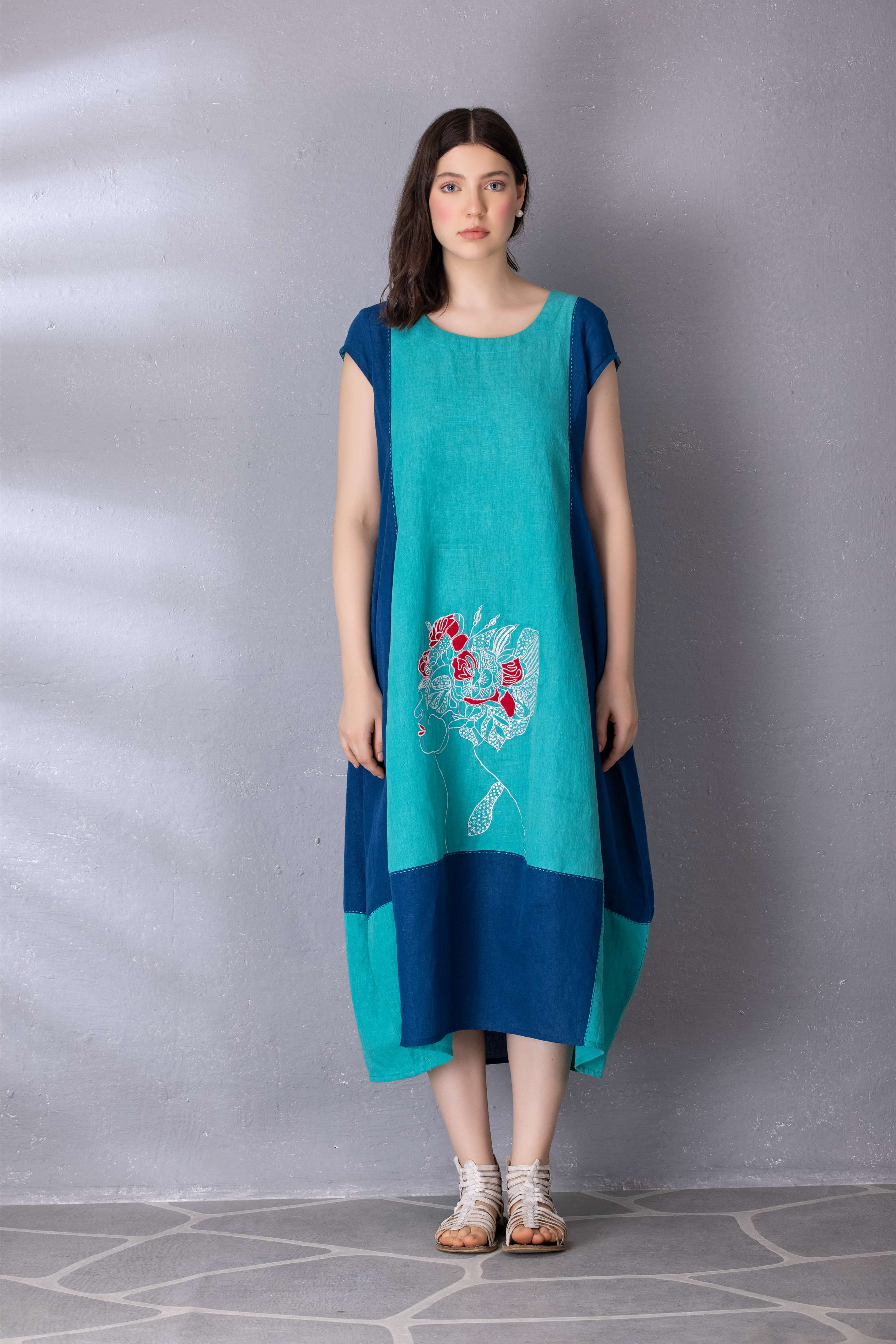 Turquoise Green with Matisse Blue Color Block Cotton Linen Dress