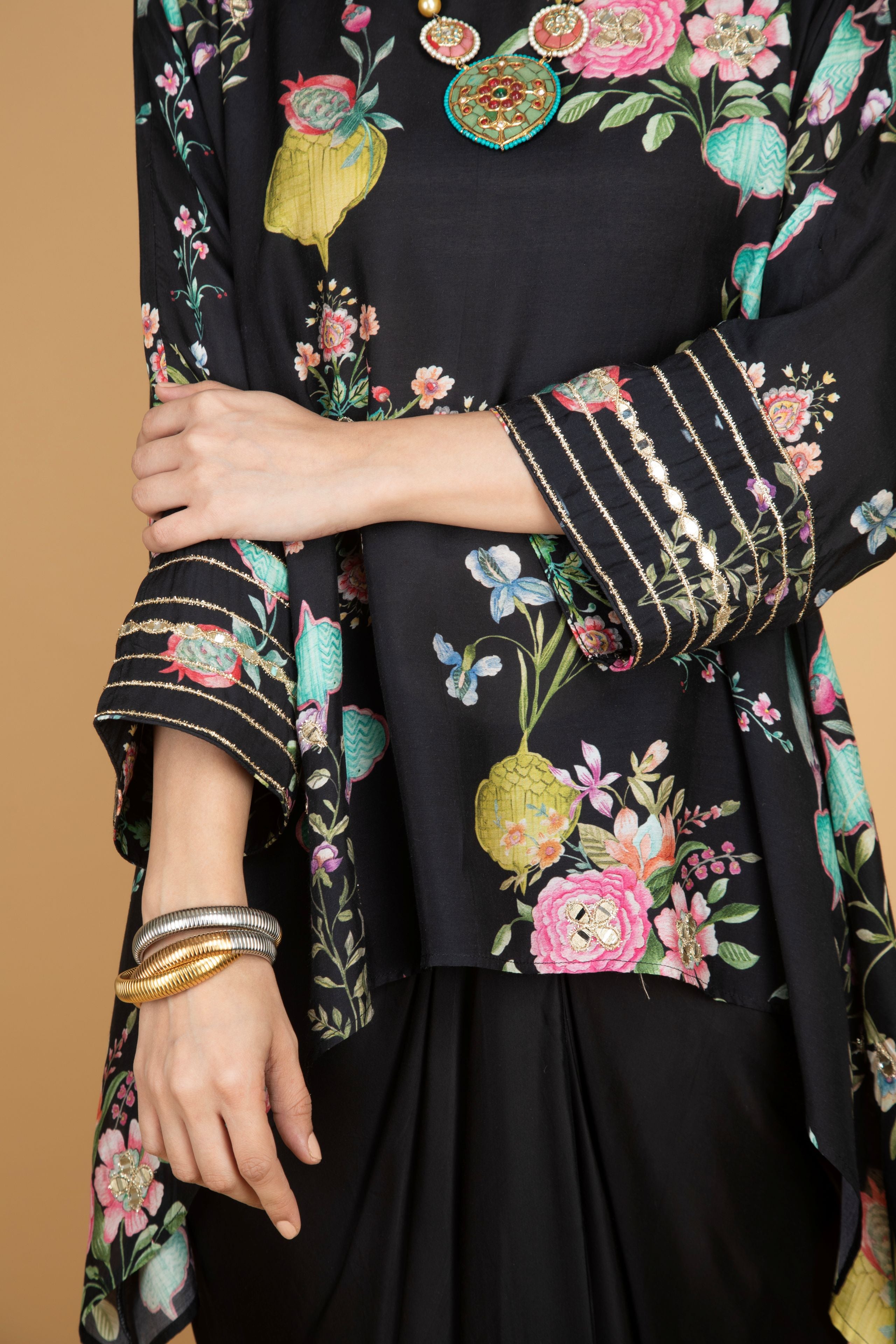 Black Printed Embroidered High Low Top W/Drape Skirt