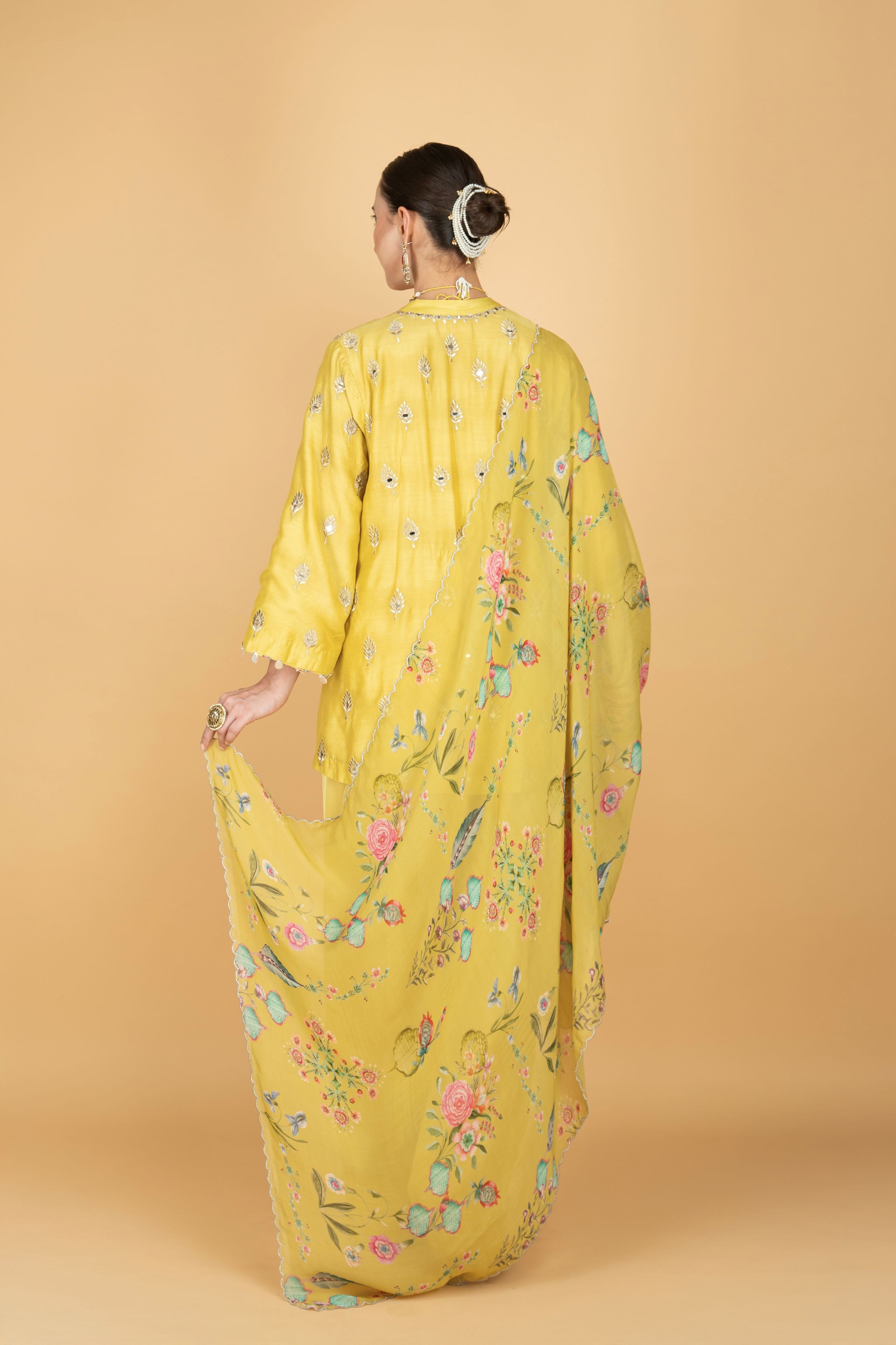 Lime Yellow Mirror Butti Embroidered Short Kurta with Farsi Salwar & Printed Dupatta