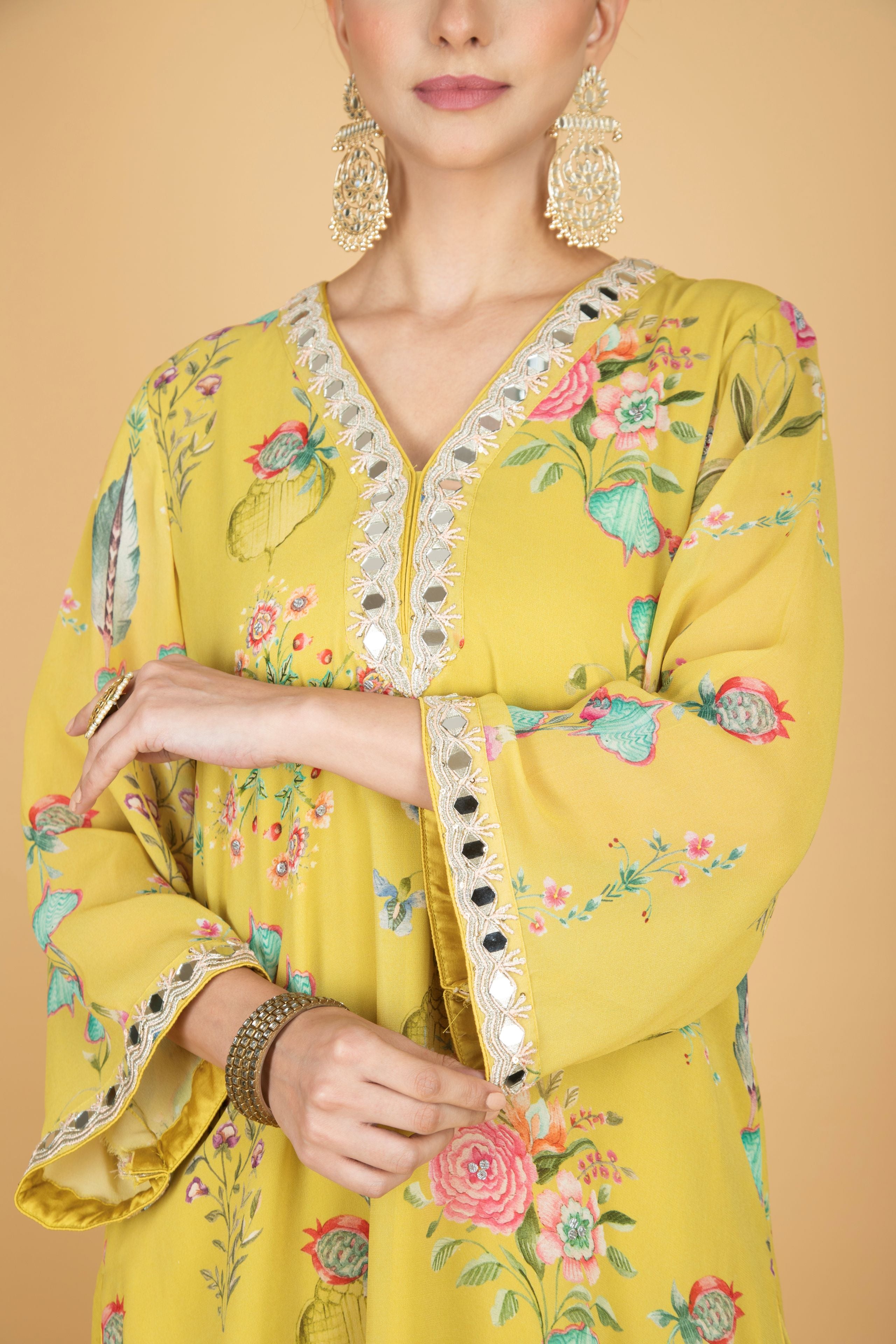 Lemon Yellow Floral Print Mirror Embroidered Kurta With Pants & Dupatta