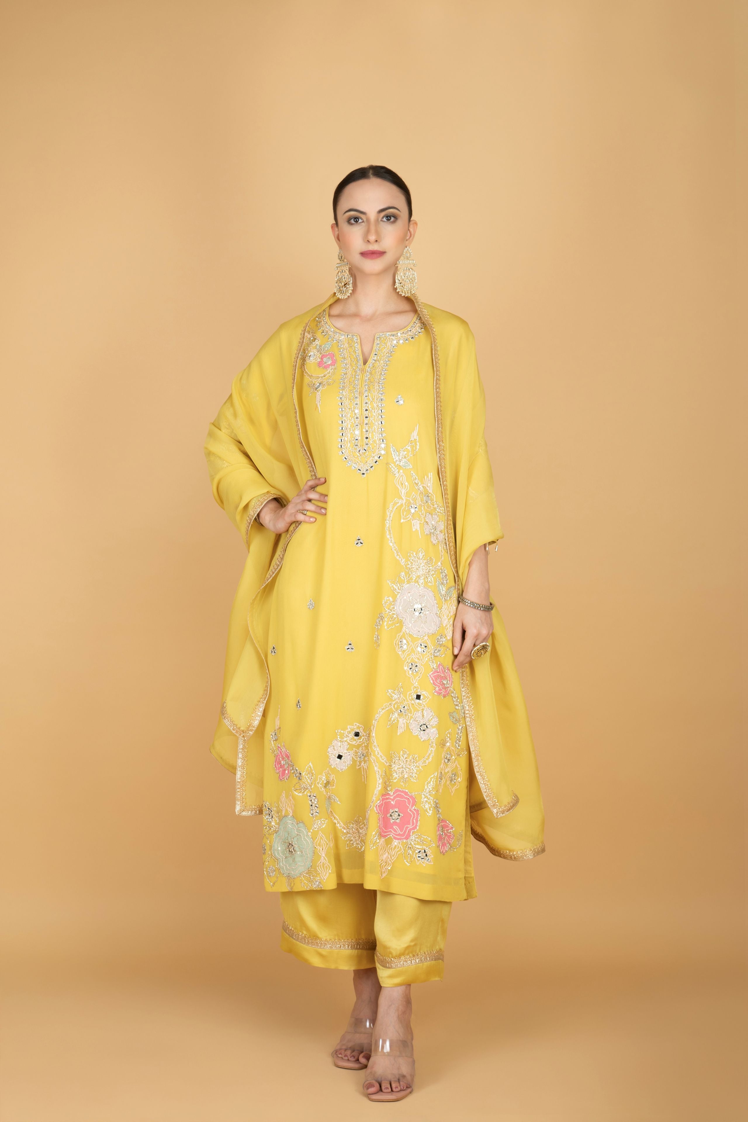 Lime Yellow Embroidered Kurta W/Pant & Dupatta
