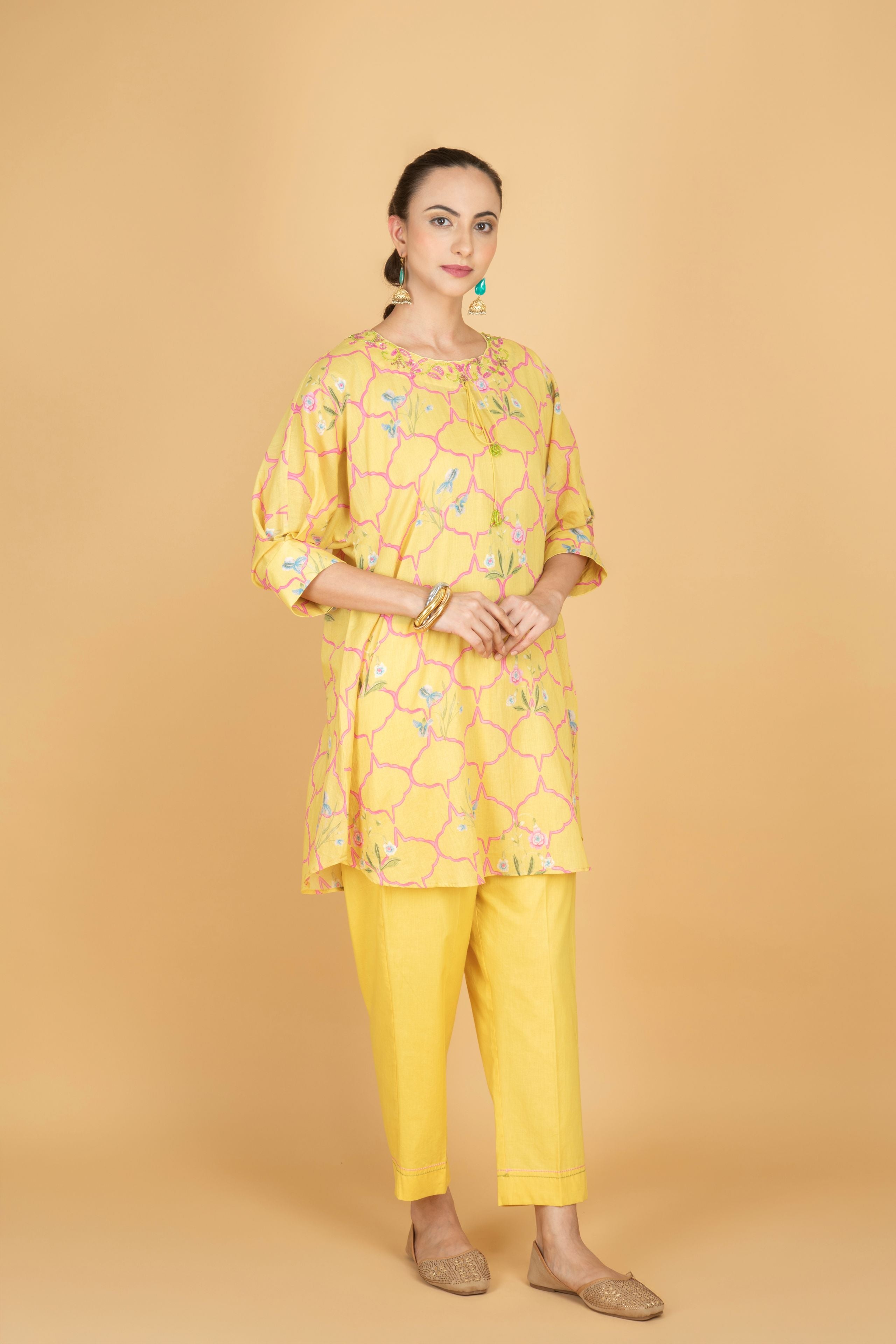 Lemon Yellow Embroidered Floral Print Short Kurta with Solid Pants