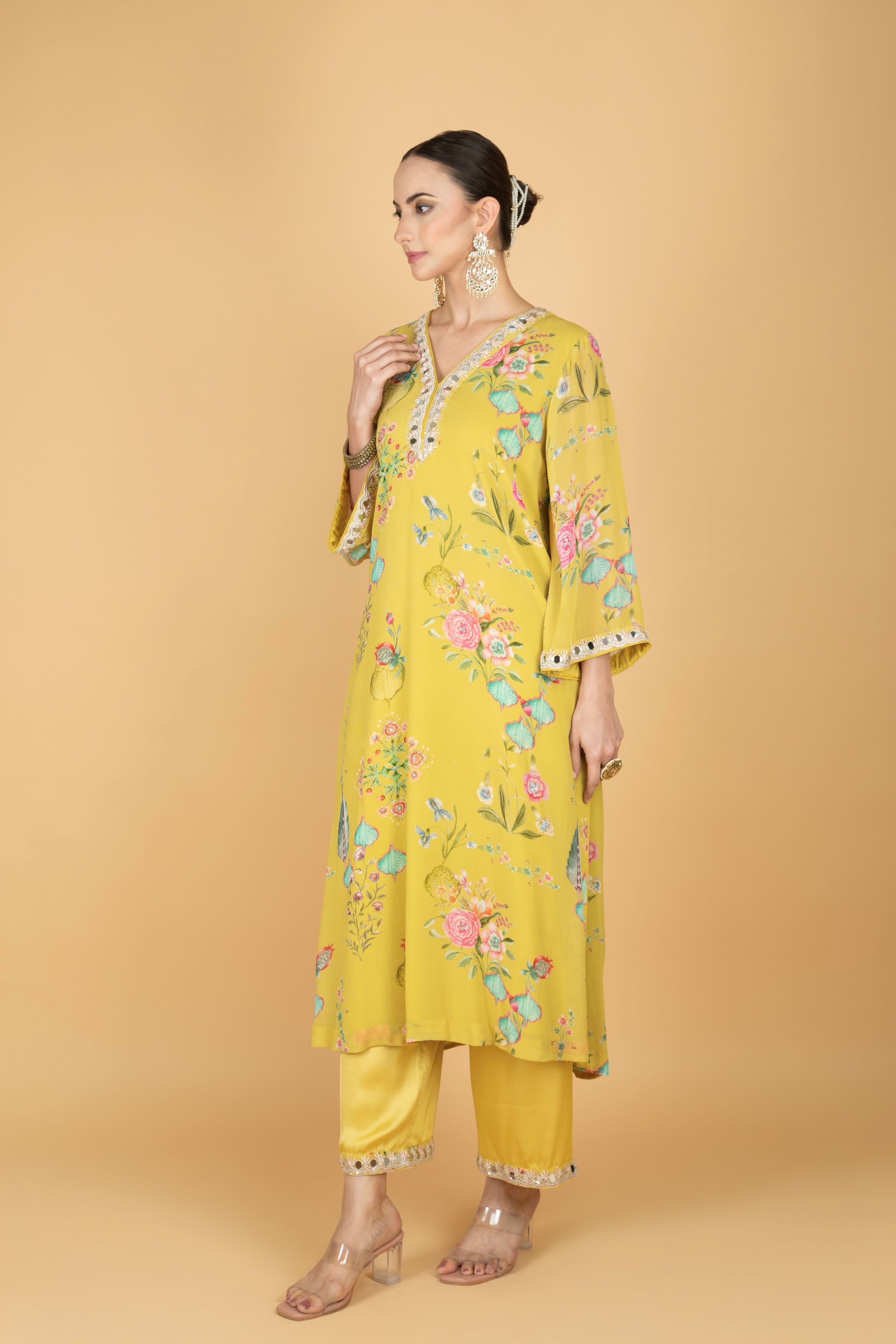 Lemon Yellow Floral Print Mirror Embroidered Kurta With Pants & Dupatta