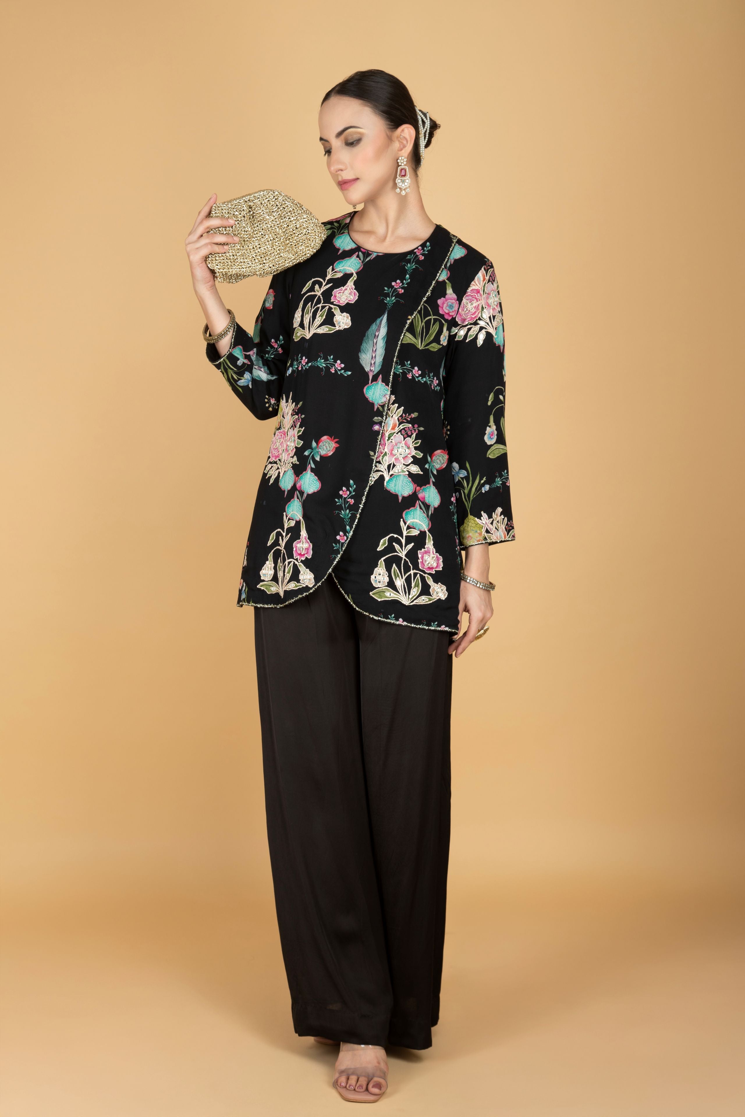 Black Floral Print Embroidered Overlay Top With Pants