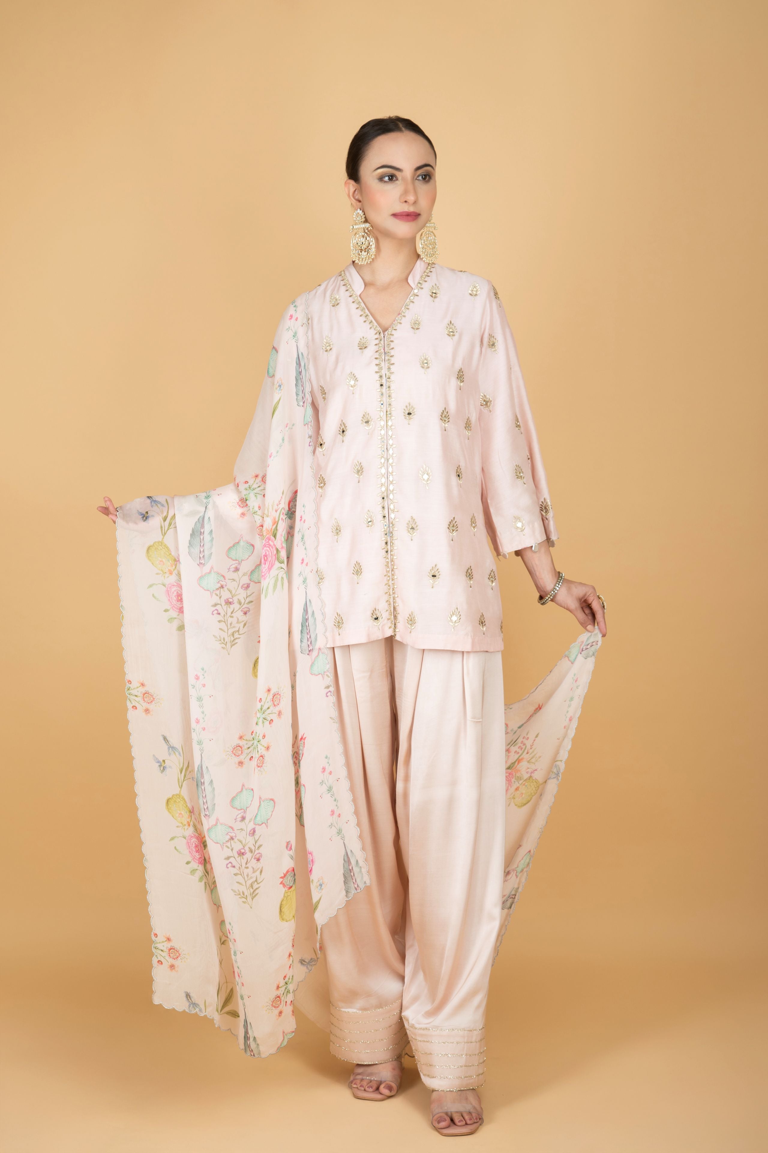Nude Pink Mirror Butti Embroidered Short Kurta with Farsi Salwar & Printed Dupatta
